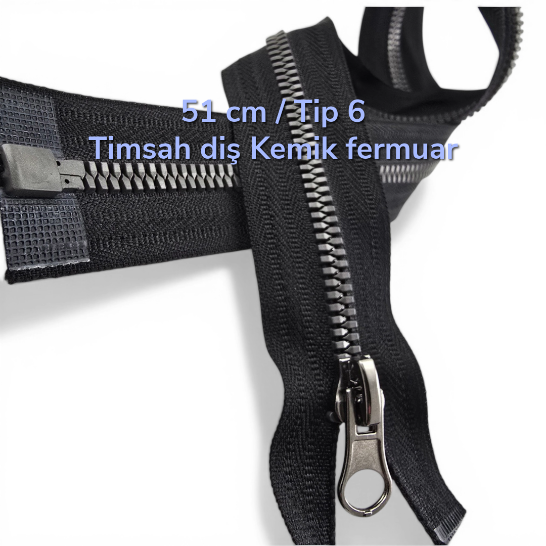 51 cm T6 Timsah Diş Kemik Fermuar, mont ve ceketleriniz için estetik ve sağlam bir seçenek.