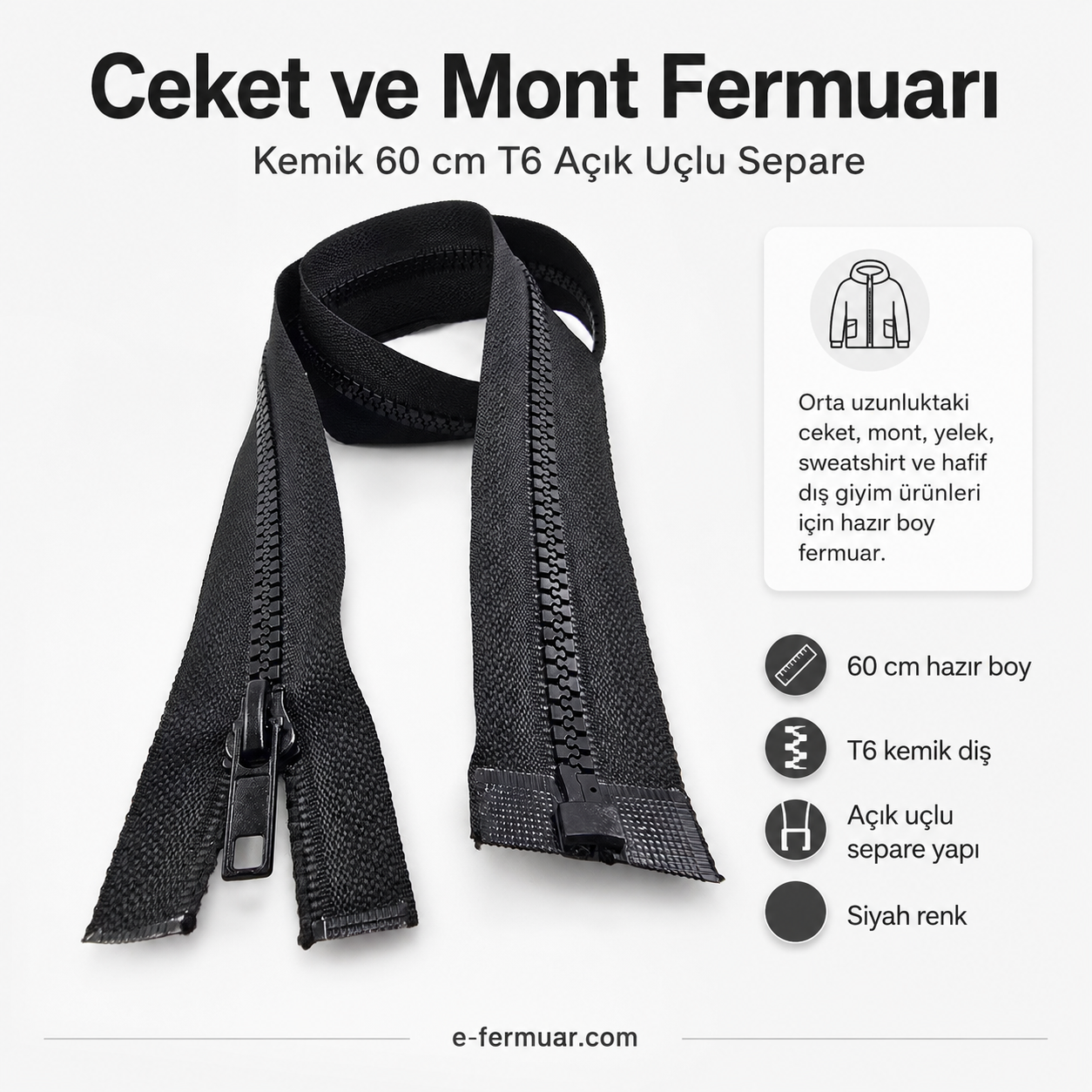 60 Cm Kemik Mont Fermuarı Açık Uçlu (Separe)  -  PR0060T6