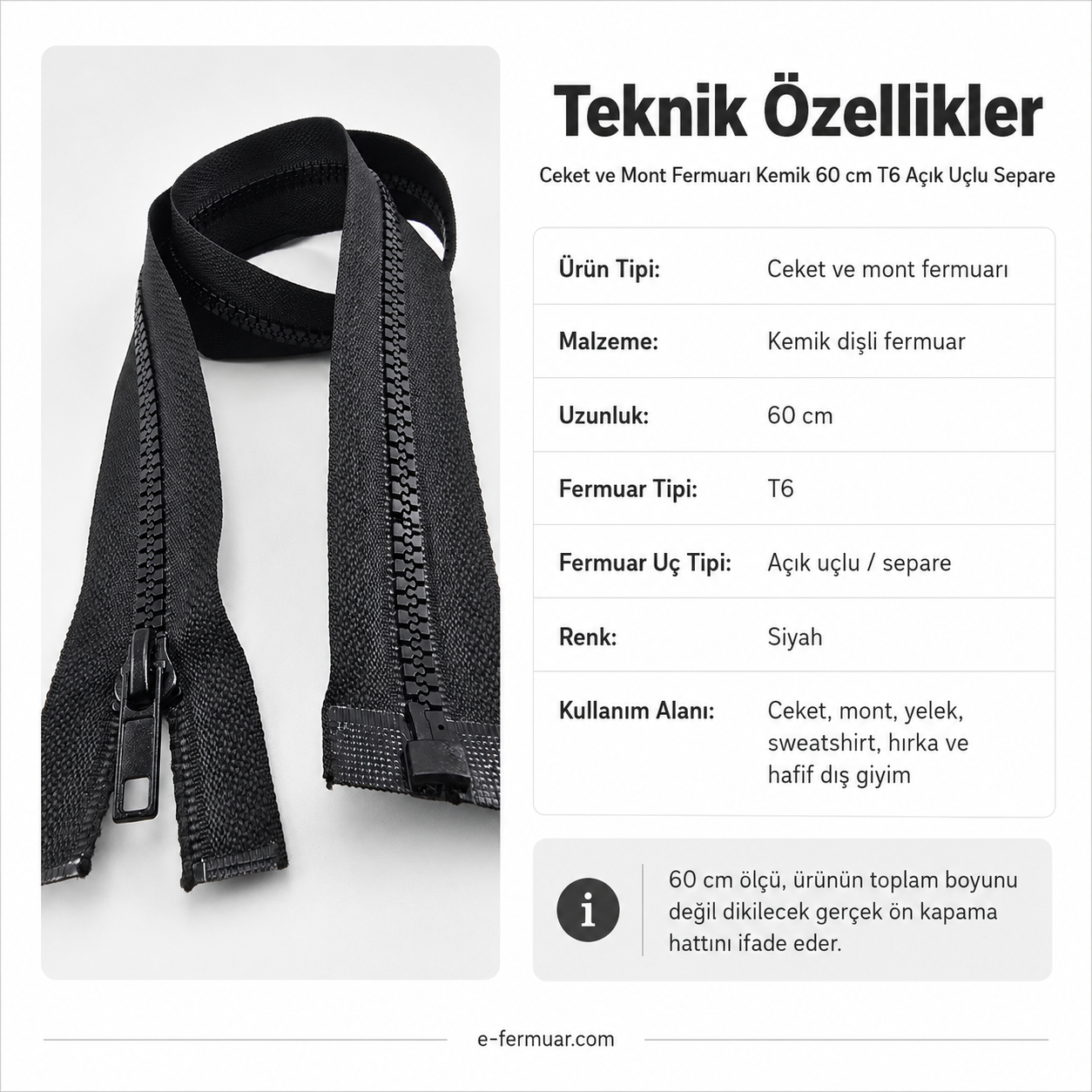 60 Cm Kemik Mont Fermuarı Açık Uçlu (Separe)  -  PR0060T6