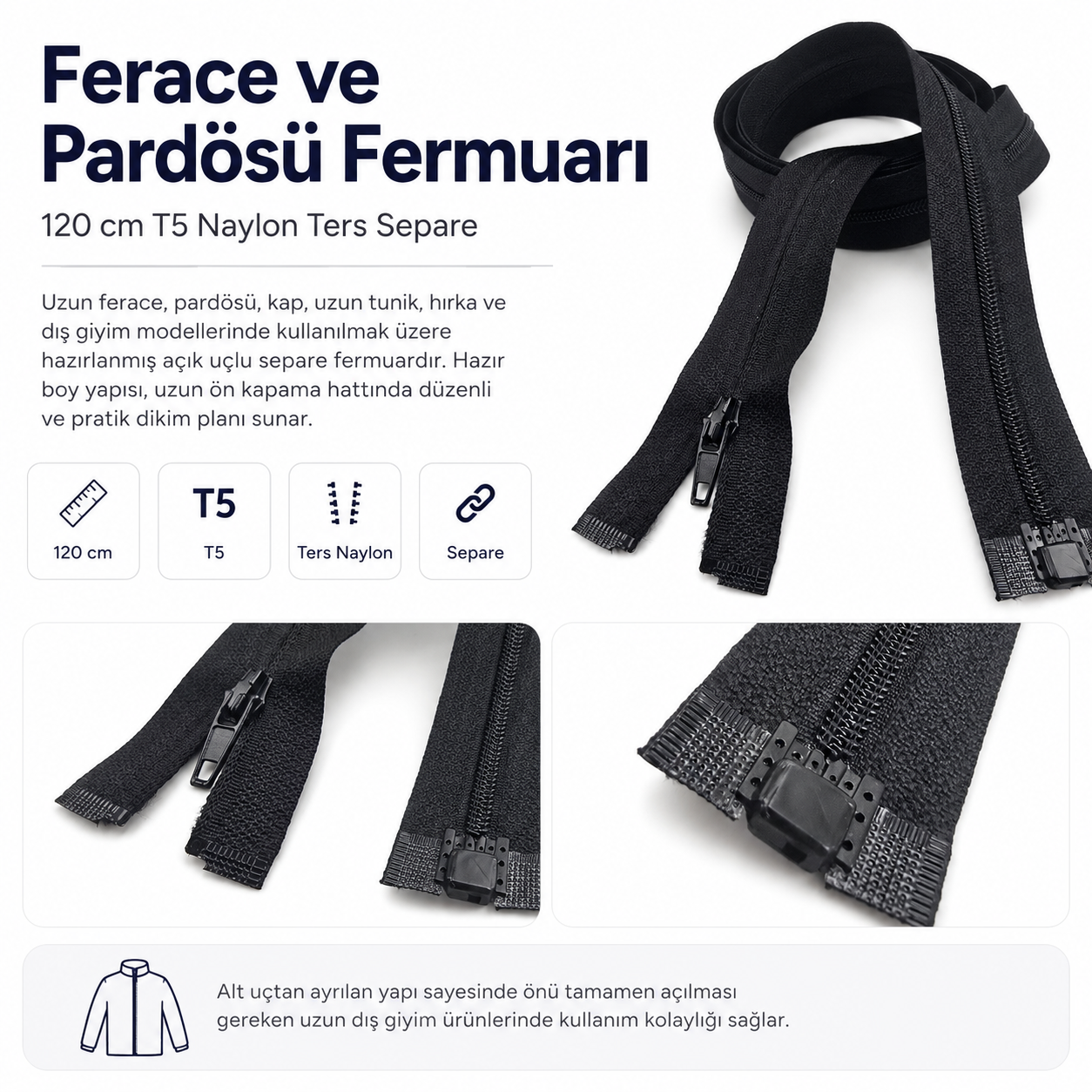 120 cm Naylon Ters Ferace Fermuarı | Uzun Dış Giyim İçin | ZP00120S