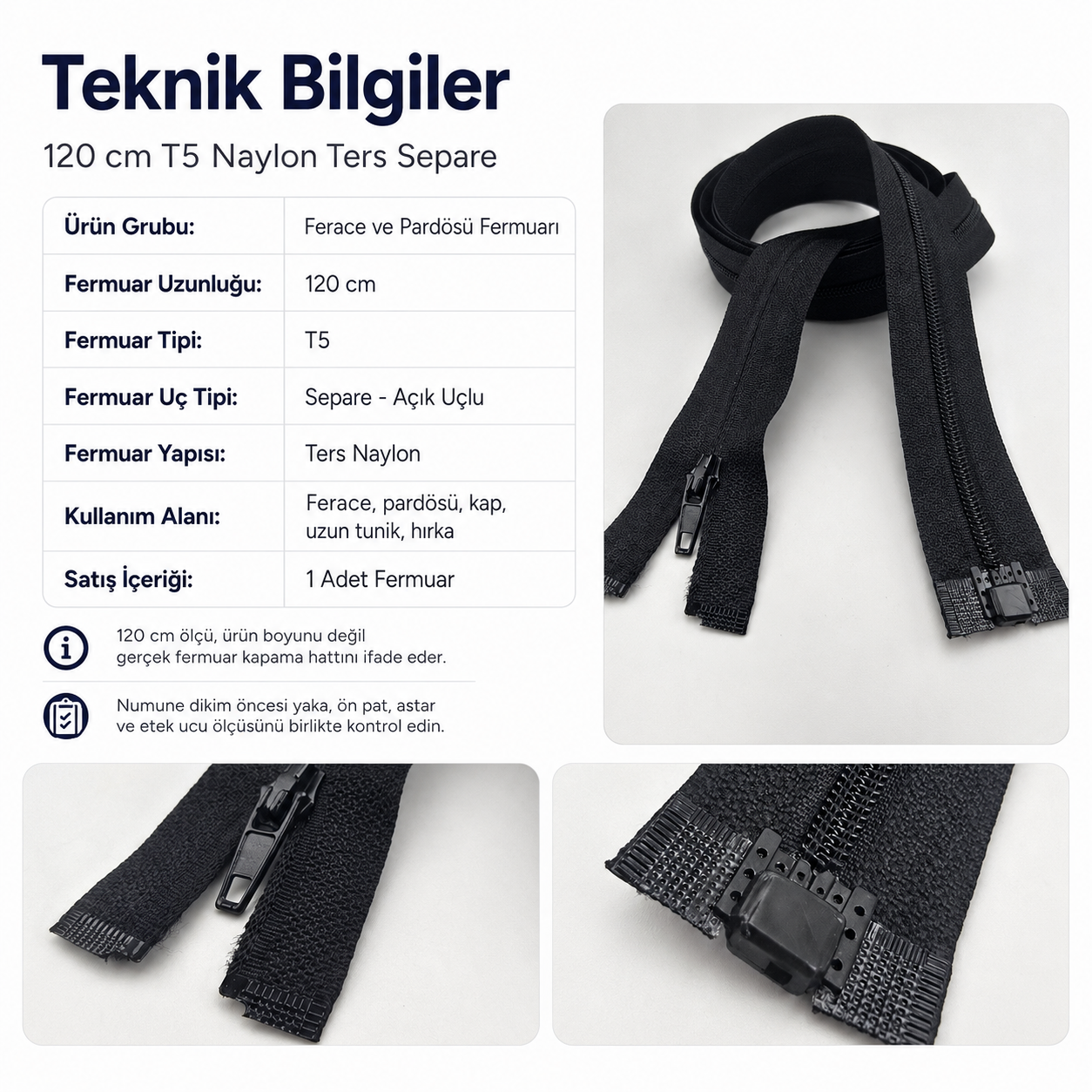 120 cm Naylon Ters Ferace Fermuarı | Uzun Dış Giyim İçin | ZP00120S