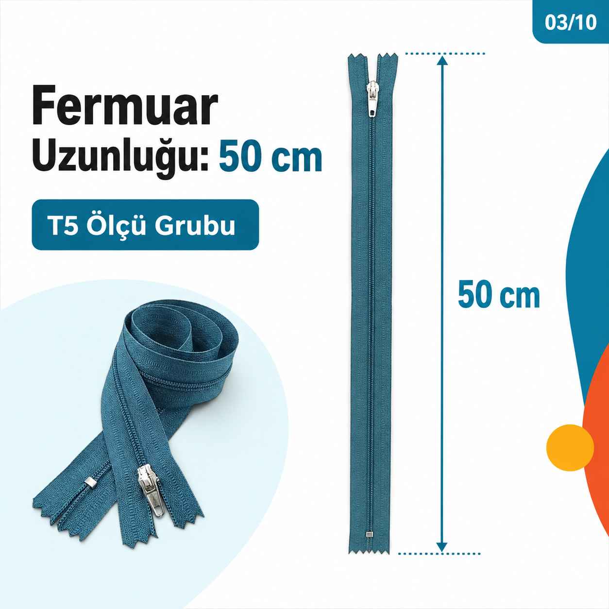50 cm T5 Mavi Naylon Dipli Fermuar – Cep ve Çanta Fermuarı ZP0050t5