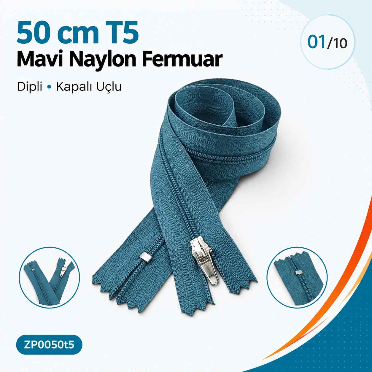 50 cm T5 Mavi Naylon Dipli Fermuar – Cep ve Çanta Fermuarı ZP0050t5