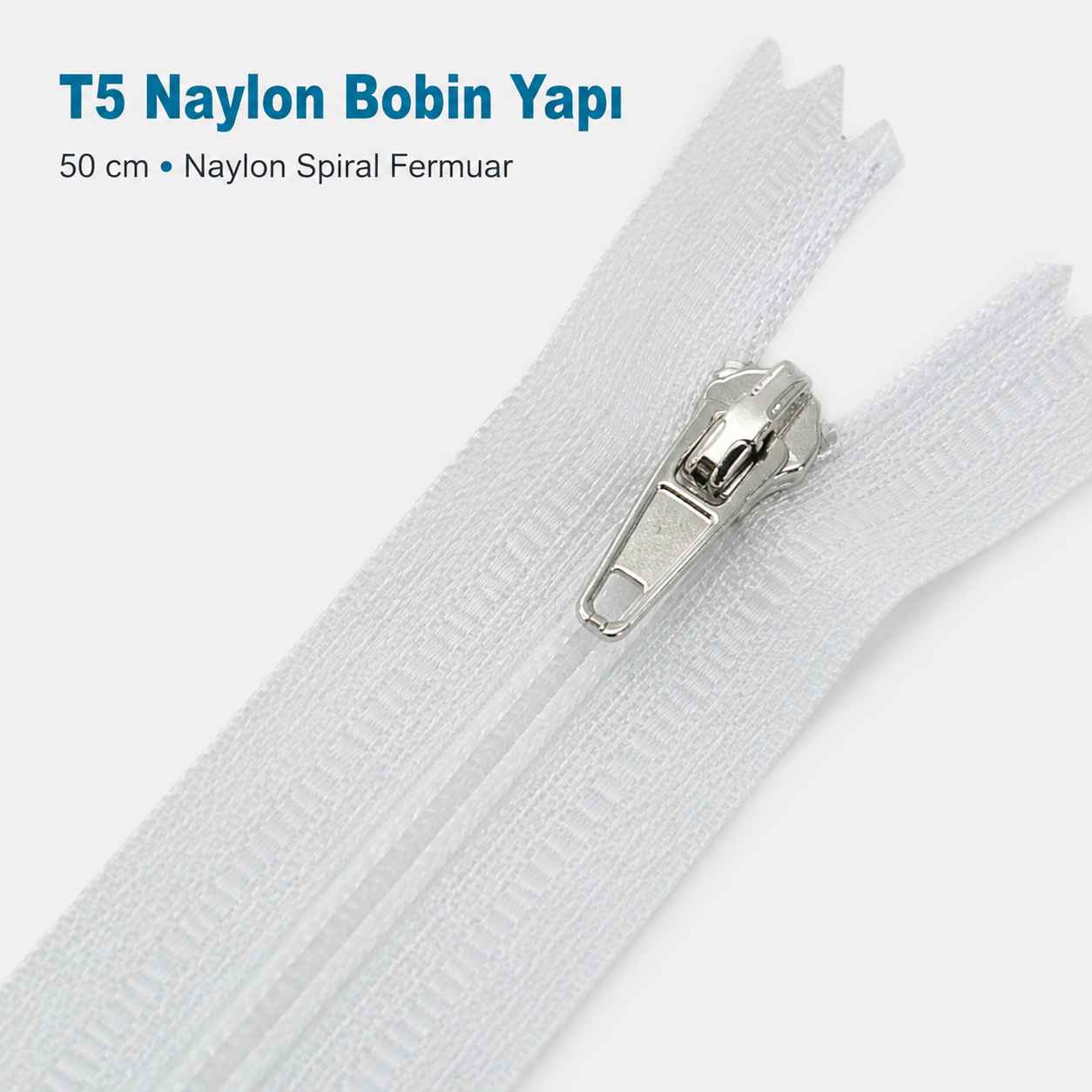 50 cm T5 Beyaz Naylon Dipli Fermuar – Cep ve Çanta Fermuarı ZP0050t5