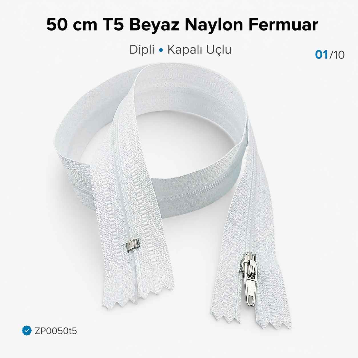 50 cm T5 Beyaz Naylon Dipli Fermuar – Cep ve Çanta Fermuarı ZP0050t5