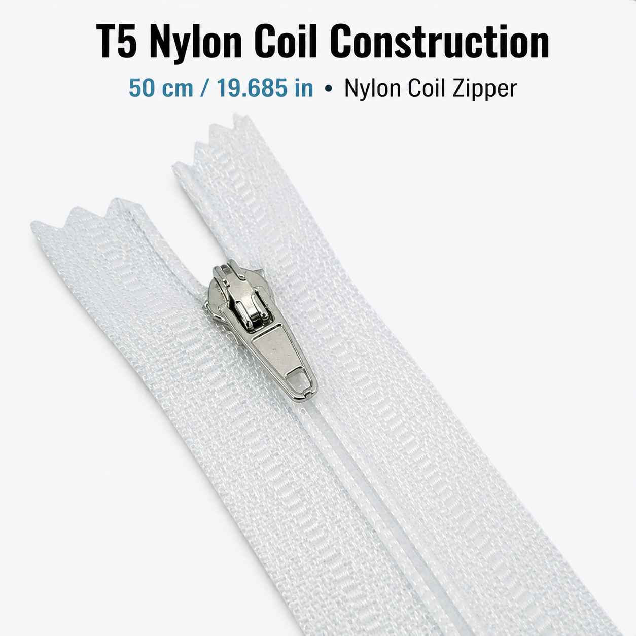 50 cm T5 Beyaz Naylon Dipli Fermuar – Cep ve Çanta Fermuarı ZP0050t5