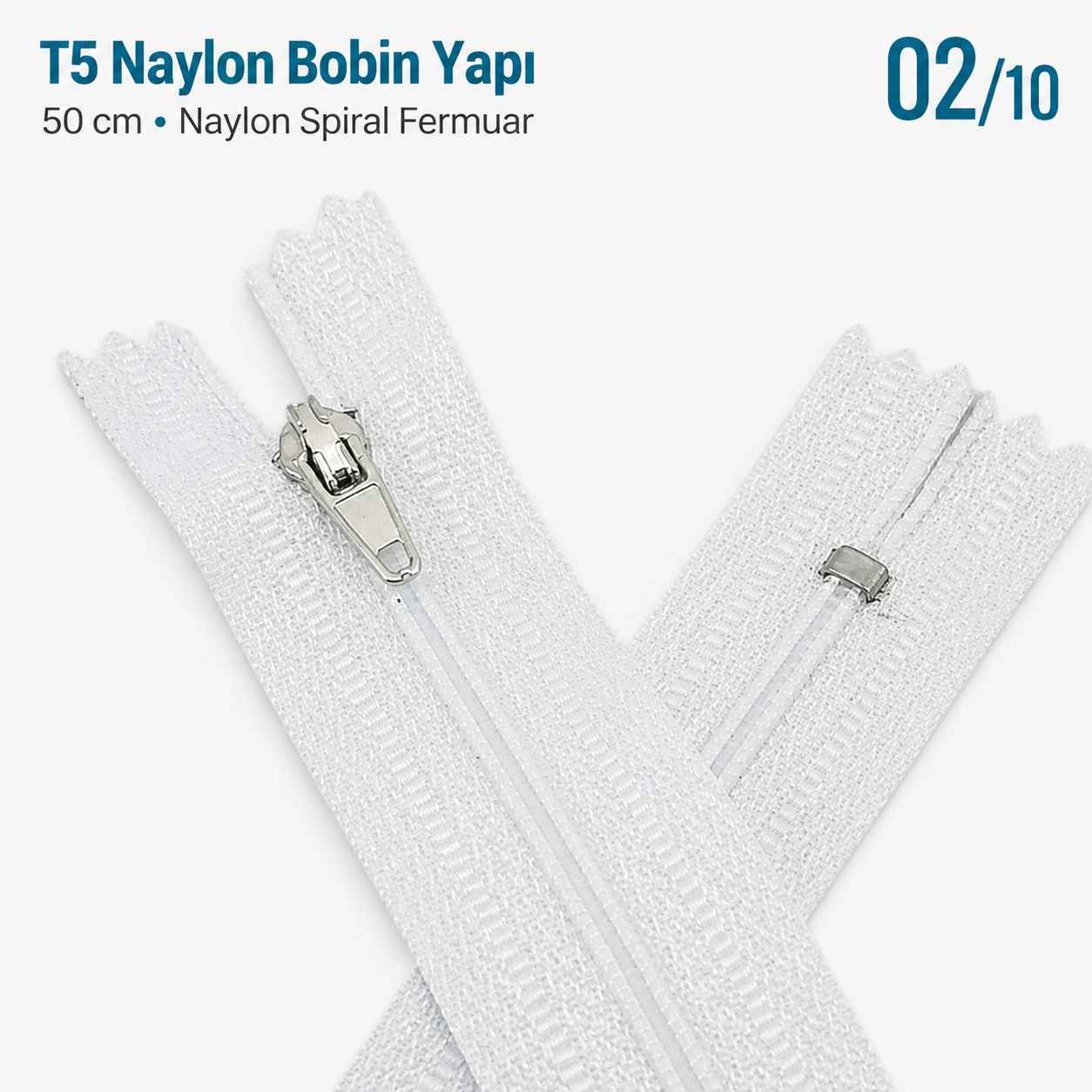50 cm T5 Beyaz Naylon Dipli Fermuar – Cep ve Çanta Fermuarı ZP0050t5