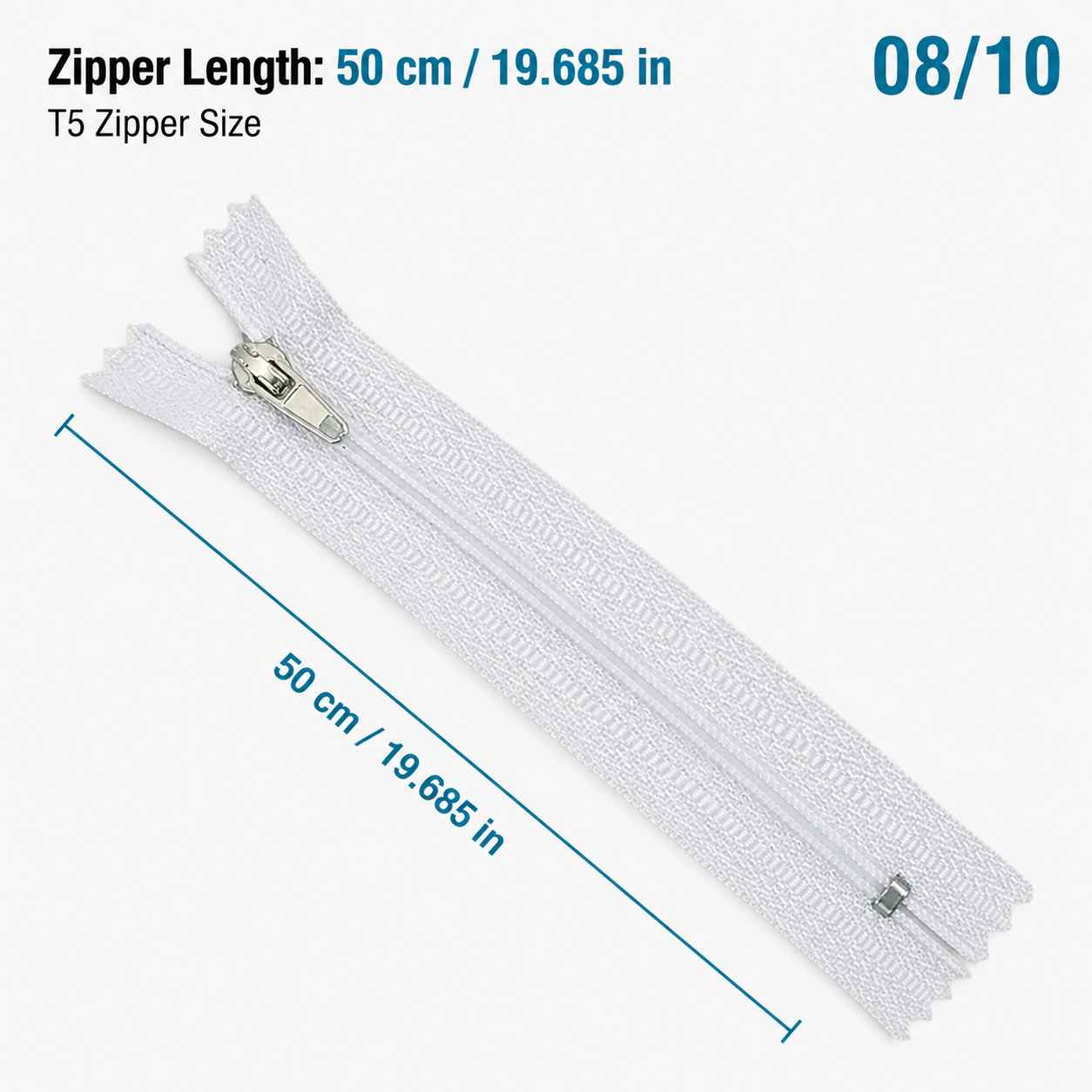 50 cm T5 Beyaz Naylon Dipli Fermuar – Cep ve Çanta Fermuarı ZP0050t5