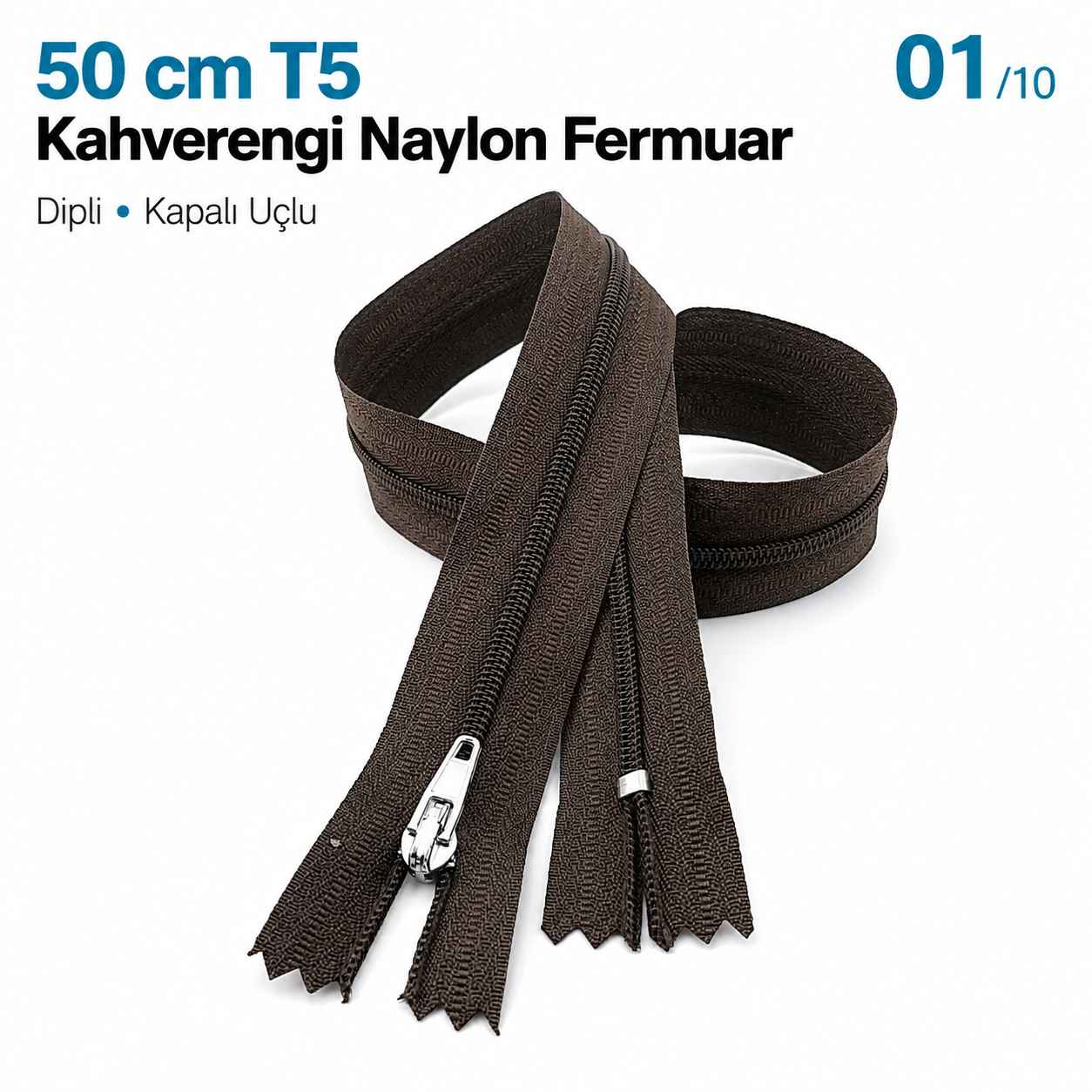 50 cm T5 Kahverengi Naylon Dipli Fermuar – Cep ve Çanta Fermuarı ZP0050t5K