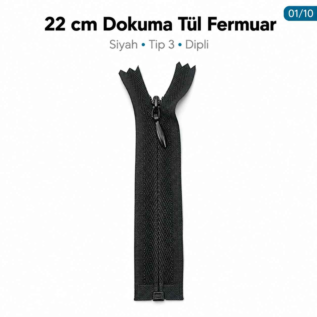 22 cm Siyah Dokuma Tül Dipli Gizli Fermuar – Elbise, Etek ve Abiye Fermuarı ZPG0022DKM