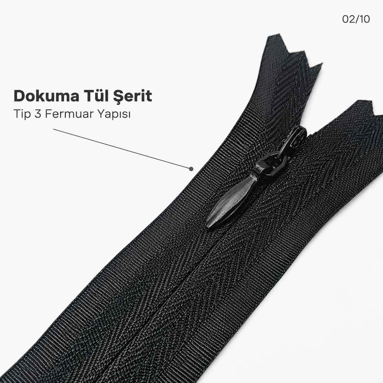 22 cm Siyah Dokuma Tül Dipli Gizli Fermuar – Elbise, Etek ve Abiye Fermuarı ZPG0022DKM
