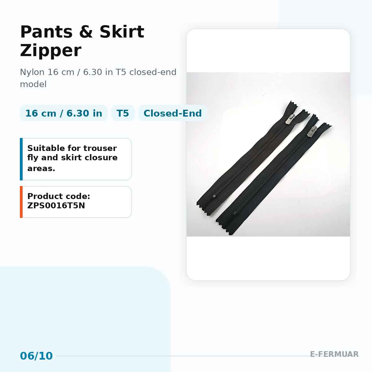 16 cm Tip 5 Naylon Kapalı Uçlu Pantolon ve Etek Fermuarı ZPS0016T5N