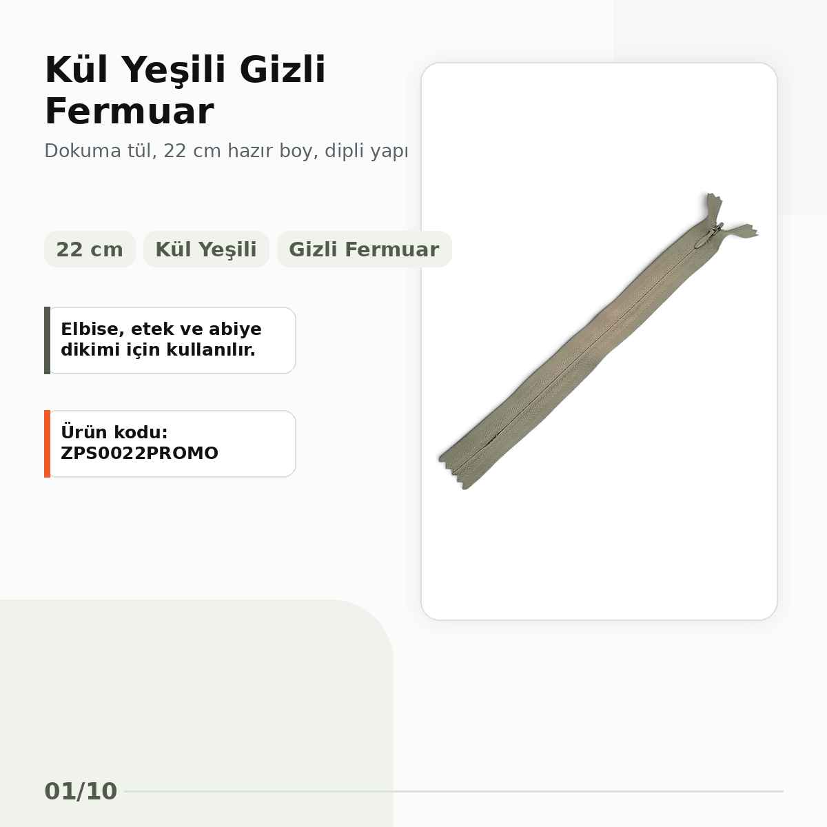 22 cm Kül Yeşili Dokuma Tül Dipli Gizli Fermuar – Elbise, Etek ve Abiye Fermuarı ZPS0022PROMO