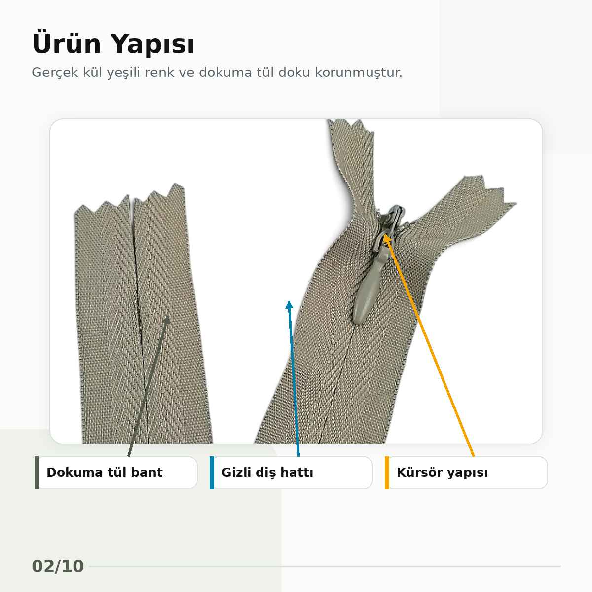 22 cm Kül Yeşili Dokuma Tül Dipli Gizli Fermuar – Elbise, Etek ve Abiye Fermuarı ZPS0022PROMO