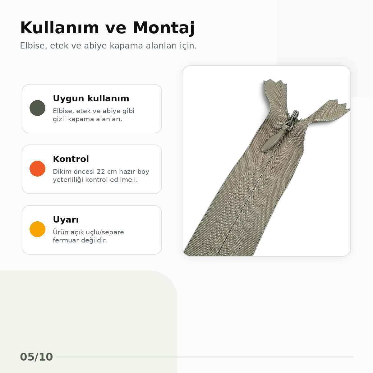 22 cm Kül Yeşili Dokuma Tül Dipli Gizli Fermuar – Elbise, Etek ve Abiye Fermuarı ZPS0022PROMO