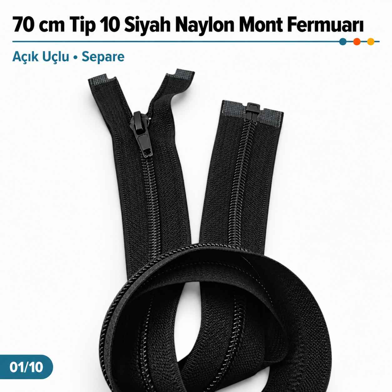 70 cm Tip 10 Siyah Naylon Açık Uçlu Separe Mont Fermuarı – Ceket ve Mont Fermuarı ZPS0070T10
