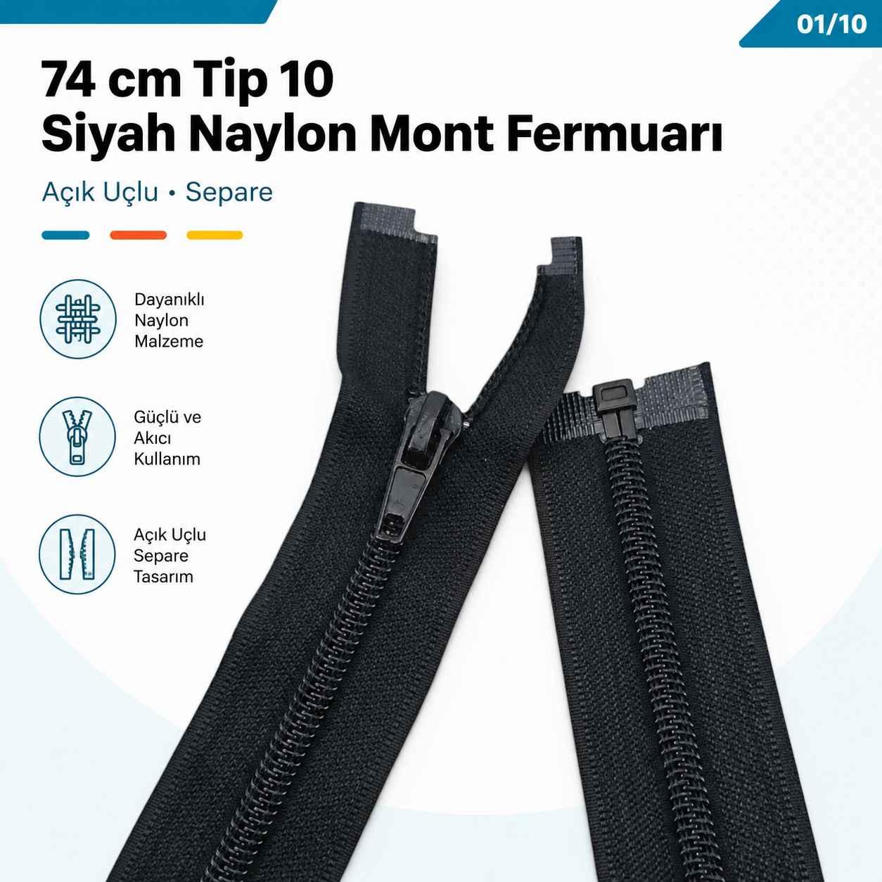 74 cm Tip 10 Siyah Naylon Açık Uçlu Separe Mont Fermuarı – Ceket ve Mont Fermuarı ZPS0074T10