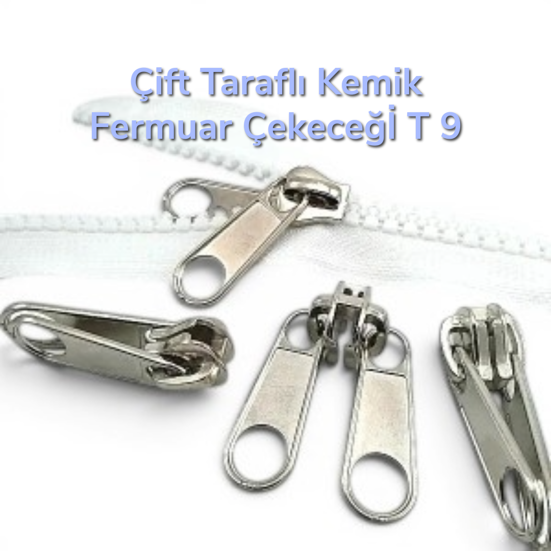 Çift elcikli, dayanıklı ve estetik Tip 9 çadır fermuarı kursörü.