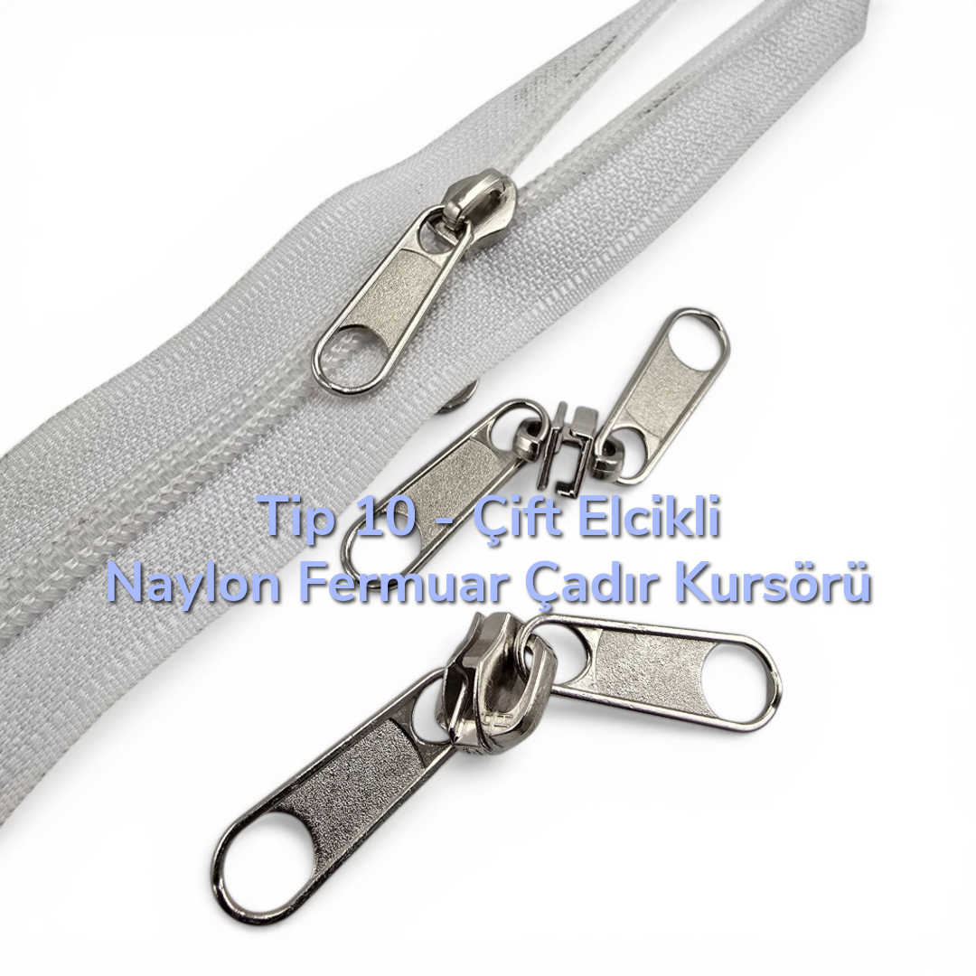 Çadırınız için ideal, dayanıklı çift elcikli tip 10 naylon fermuar kursörü.