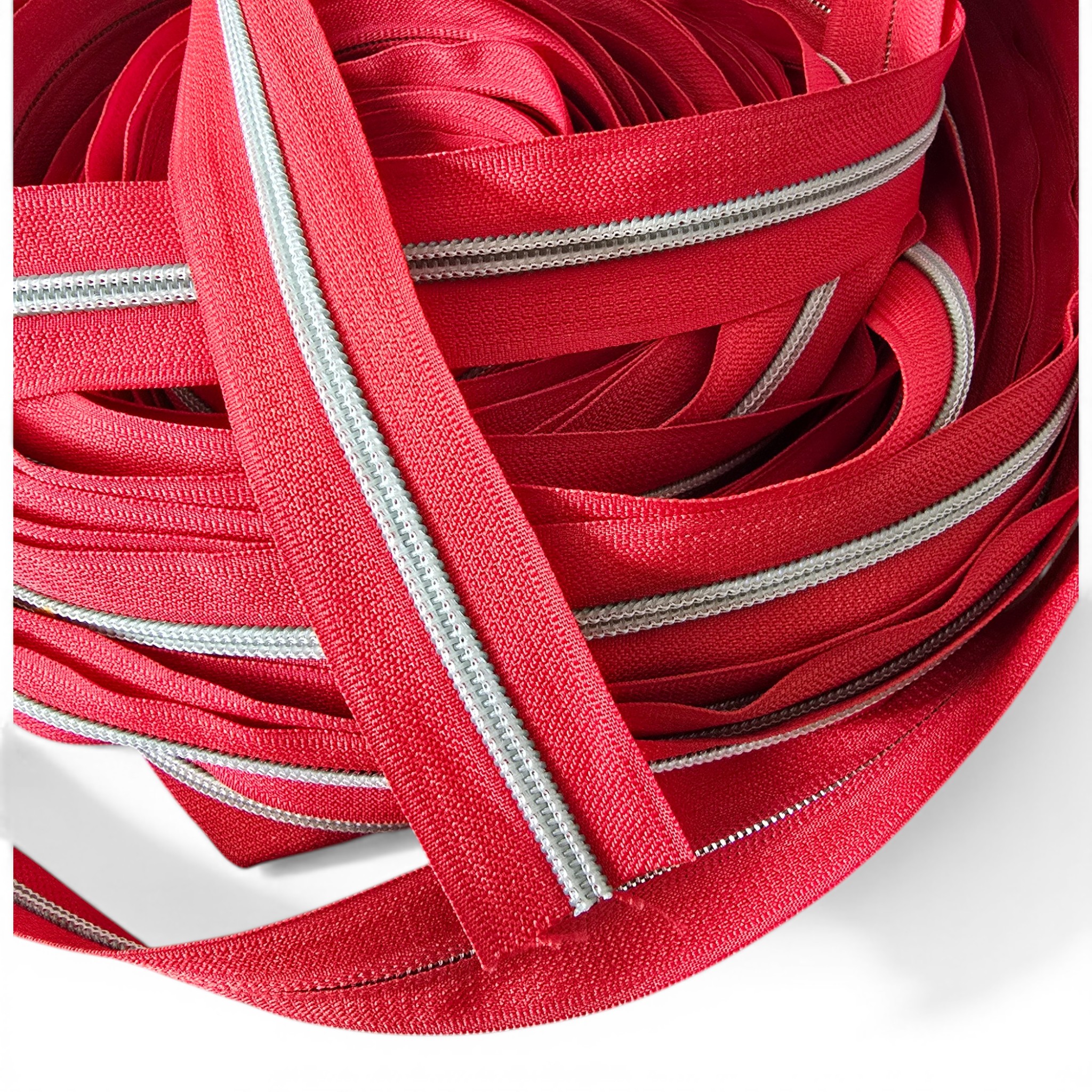 Vibrant red durable nickel-toothed #3 zipper, offering both style and functionality.