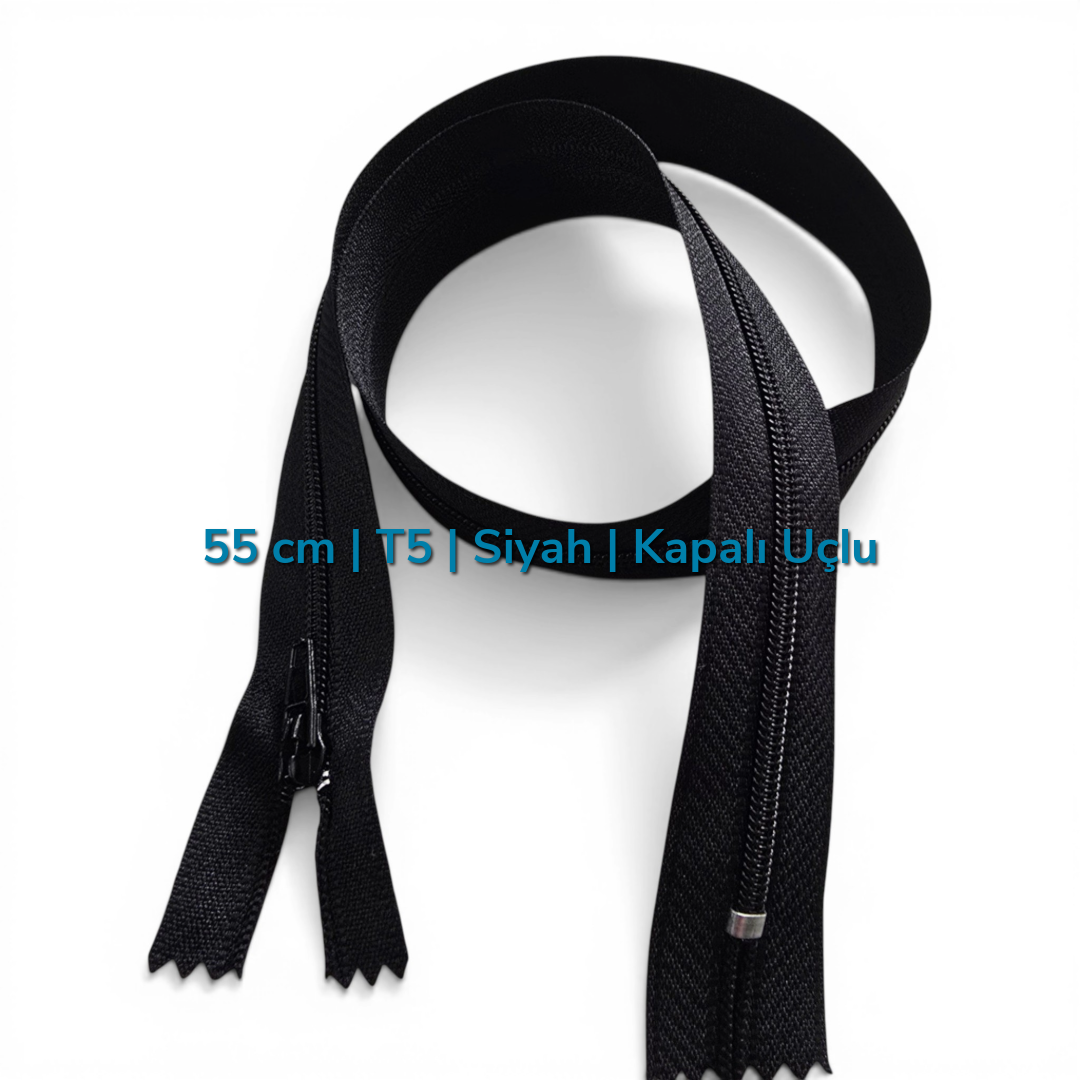 55 cm T5 Siyah Naylon Dipli Fermuar | Kapalı Uçlu Mont Cep ve Çanta Fermuarı | ZP0055T5