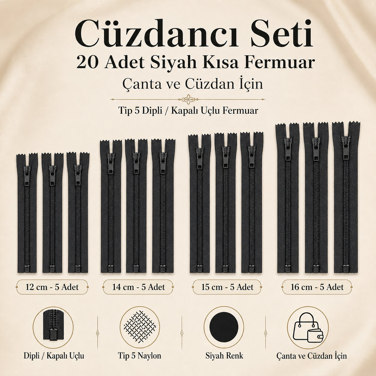 Cüzdancı Seti – 20 Adet Siyah Kısa Fermuar, Çanta ve Cüzdan İçin Tip 5 Kapalı Uçlu Fermuar ST-0001T5