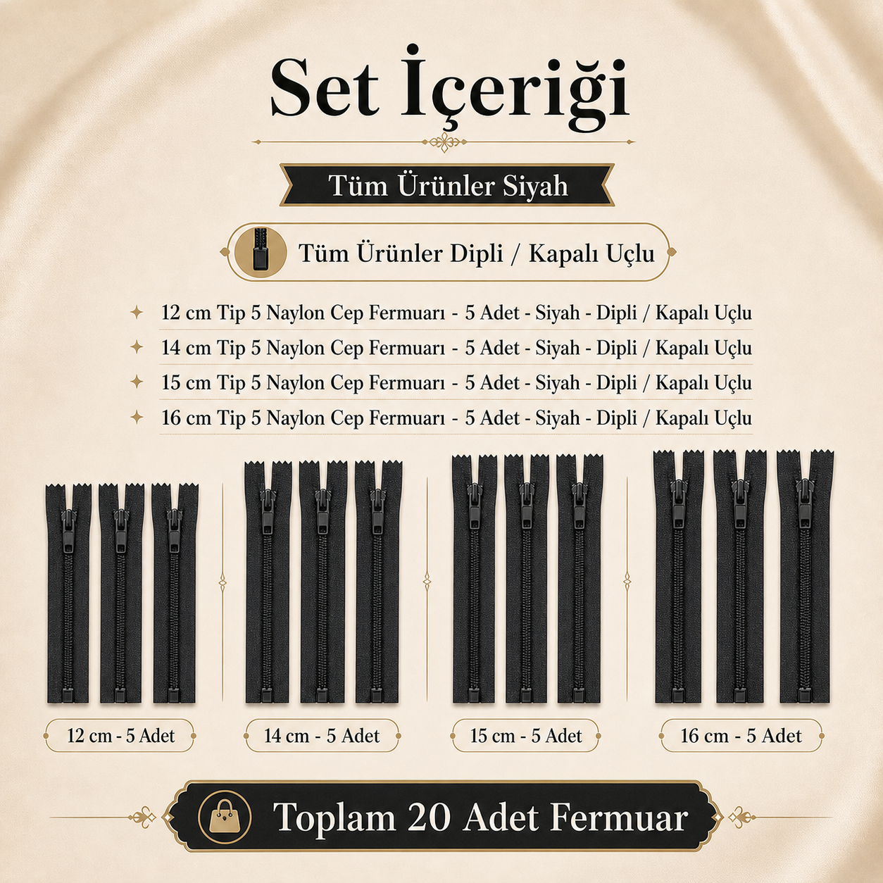 Cüzdancı Seti – 20 Adet Siyah Kısa Fermuar, Çanta ve Cüzdan İçin Tip 5 Kapalı Uçlu Fermuar ST-0001T5
