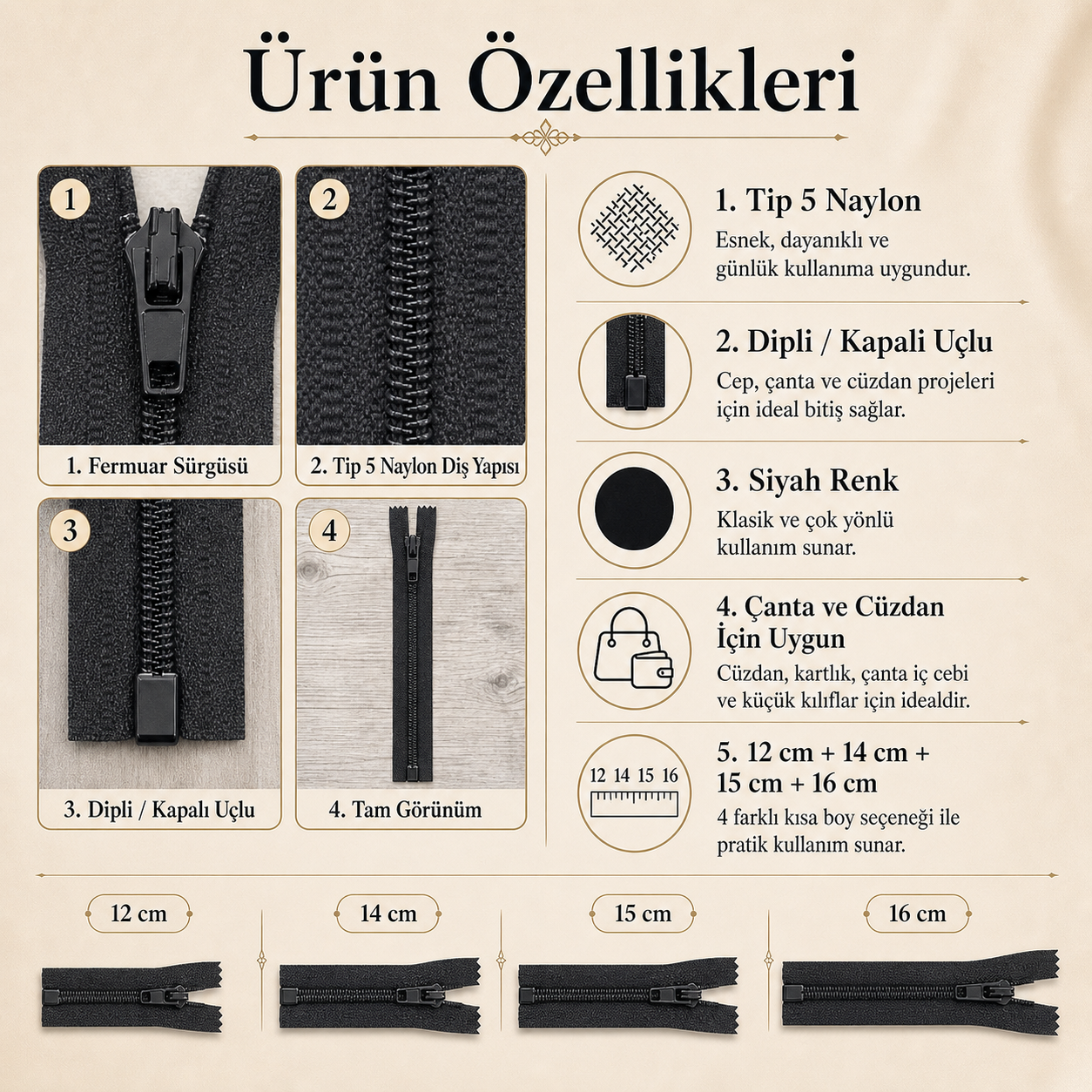 Cüzdancı Seti – 20 Adet Siyah Kısa Fermuar, Çanta ve Cüzdan İçin Tip 5 Kapalı Uçlu Fermuar ST-0001T5