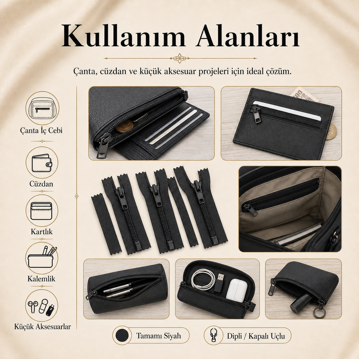 Cüzdancı Seti – 20 Adet Siyah Kısa Fermuar, Çanta ve Cüzdan İçin Tip 5 Kapalı Uçlu Fermuar ST-0001T5