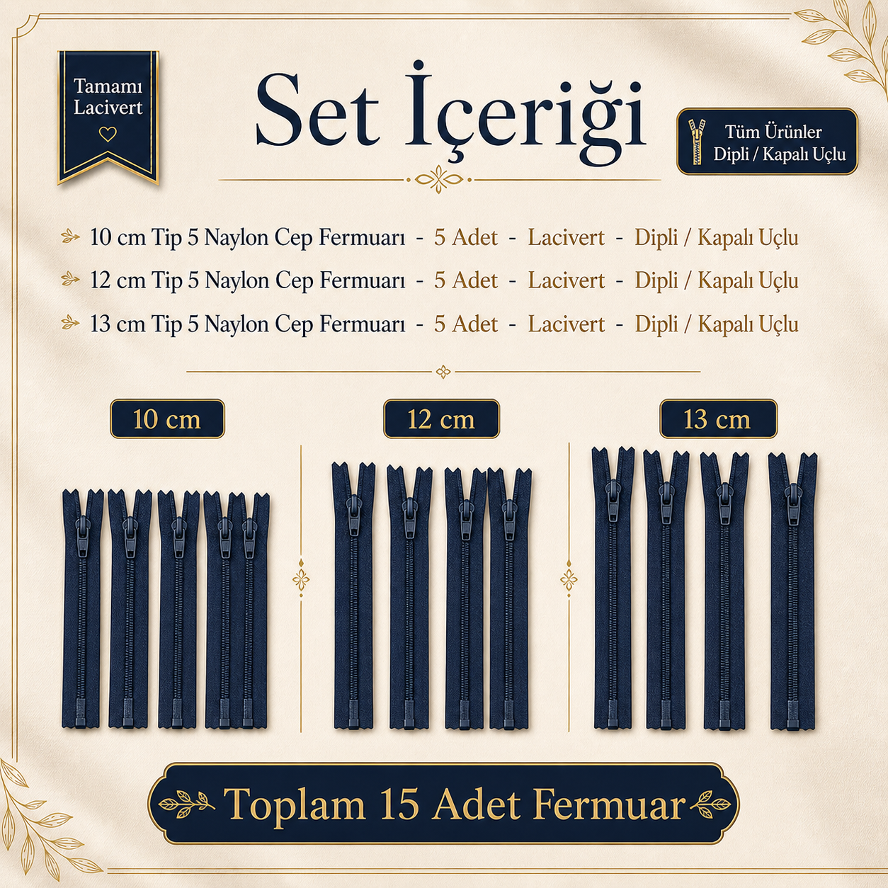 Mini Çantacı Başlangıç Seti – 15 Adet Lacivert Kısa Fermuar Lacivert  Tip 5 Kapalı Uçlu Fermuar ST-0002T5
