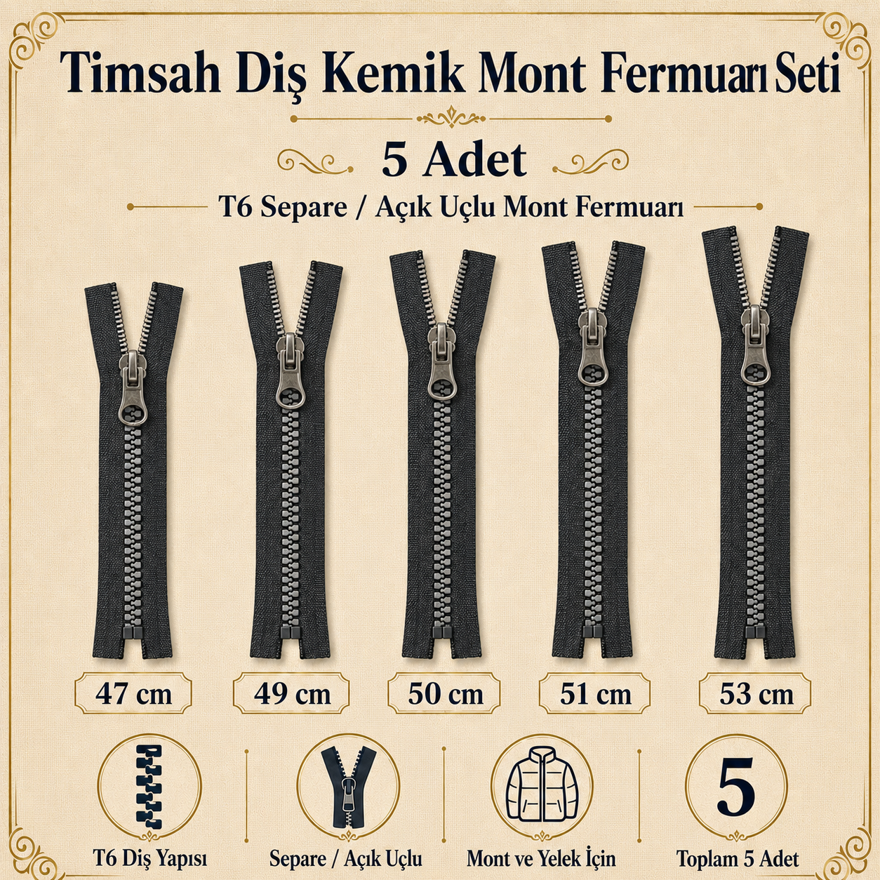 5 Adet Timsah Diş Kemik Mont Fermuarı Seti – 47–53 cm Kısa Mont ve Ceket İçin - ST-0003T5