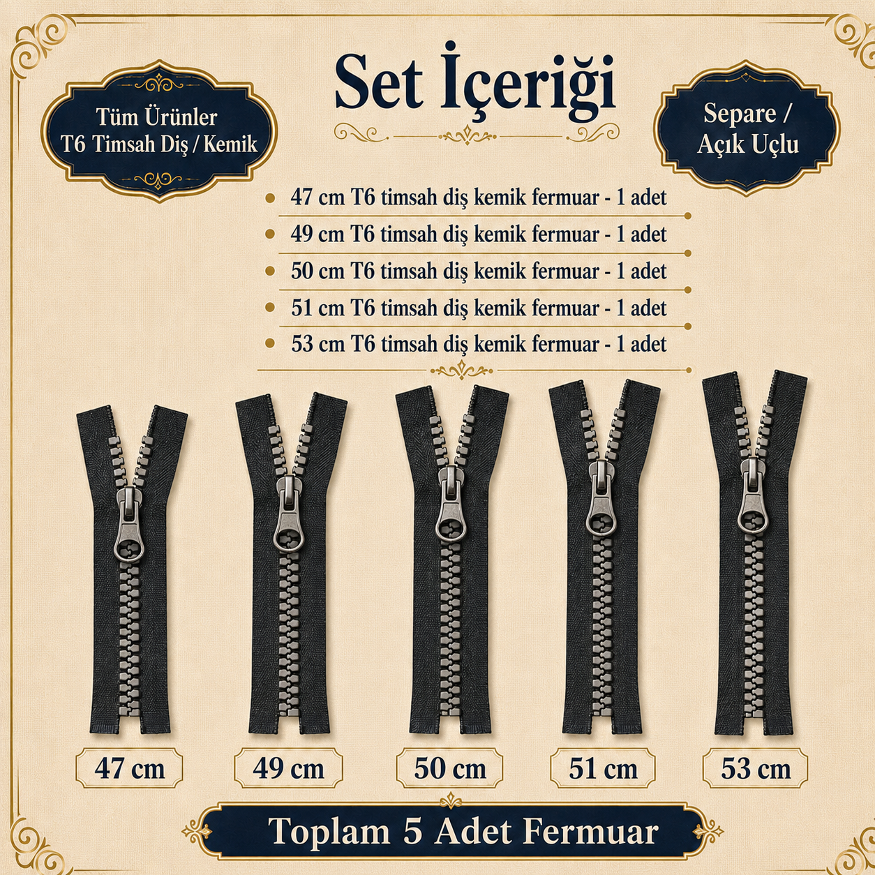 5 Adet Timsah Diş Kemik Mont Fermuarı Seti – 47–53 cm Kısa Mont ve Ceket İçin - ST-0003T5