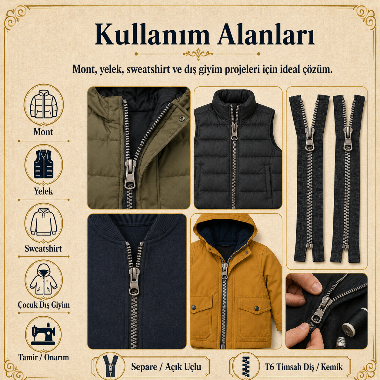 5 Adet Timsah Diş Kemik Mont Fermuarı Seti – 47–53 cm Kısa Mont ve Ceket İçin - ST-0003T5