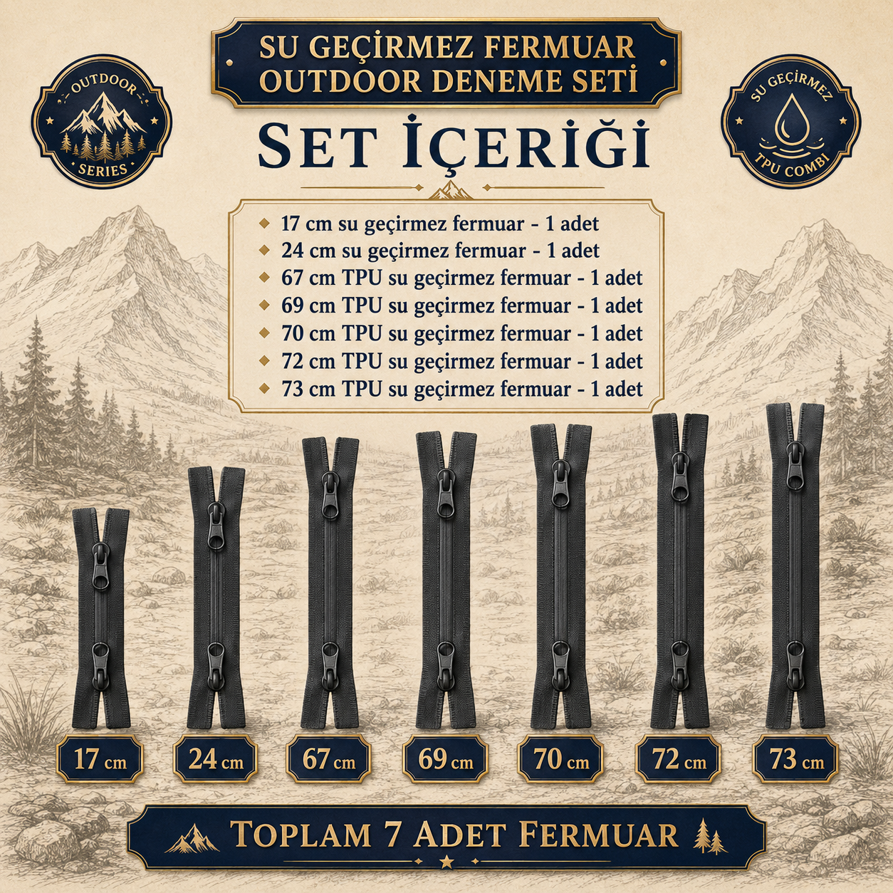 7 Adet Su Geçirmez Fermuar Seti – Outdoor, Mont, Çanta ve Teknik Tekstil İçin - ST-0004T5