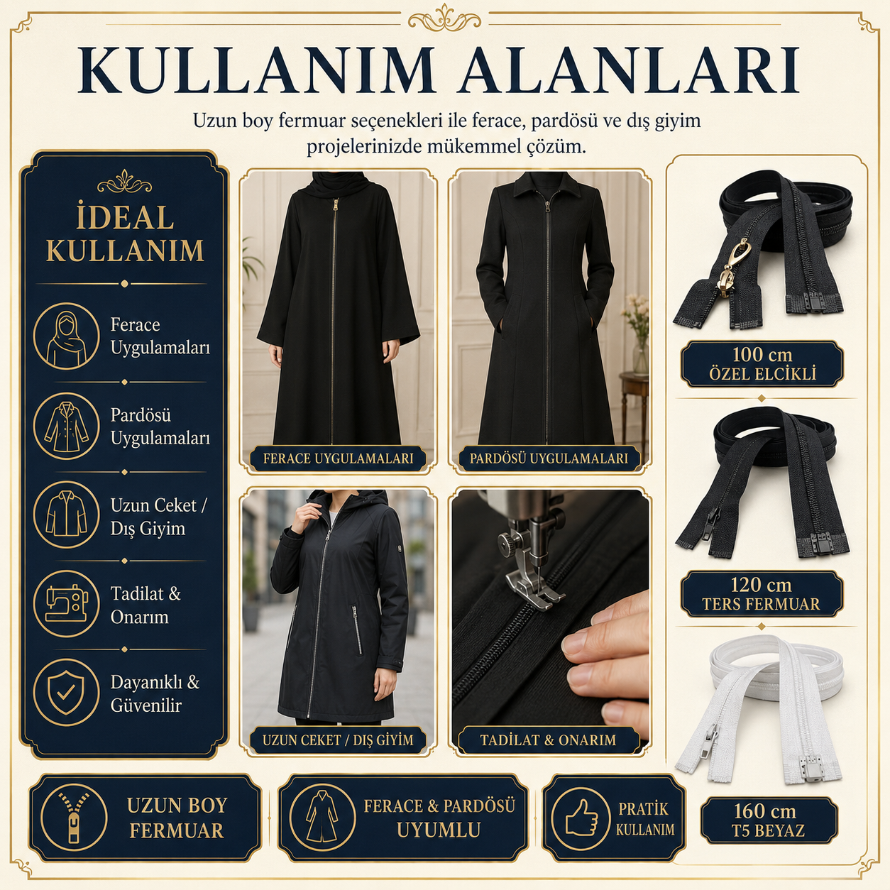 Terzi ve Ferace Atölyeleri İçin Uzun Fermuar Seti – 3 Adet Hazır Tamir ve Üretim Paketi - ST-0005T5