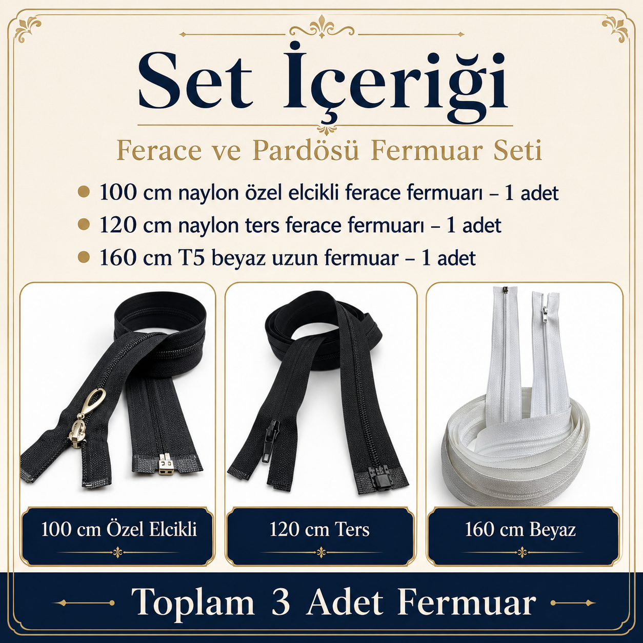 Terzi ve Ferace Atölyeleri İçin Uzun Fermuar Seti – 3 Adet Hazır Tamir ve Üretim Paketi - ST-0005T5