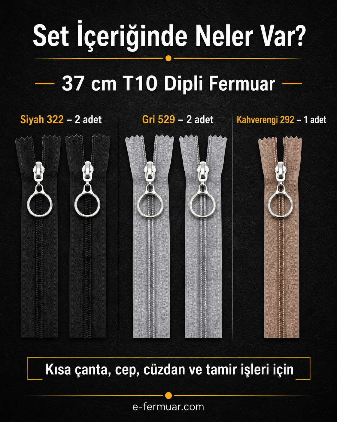 Profesyonel kullanım için 37 ve 47 cm boyutlarında T10 kalın dişli fermuar seti.