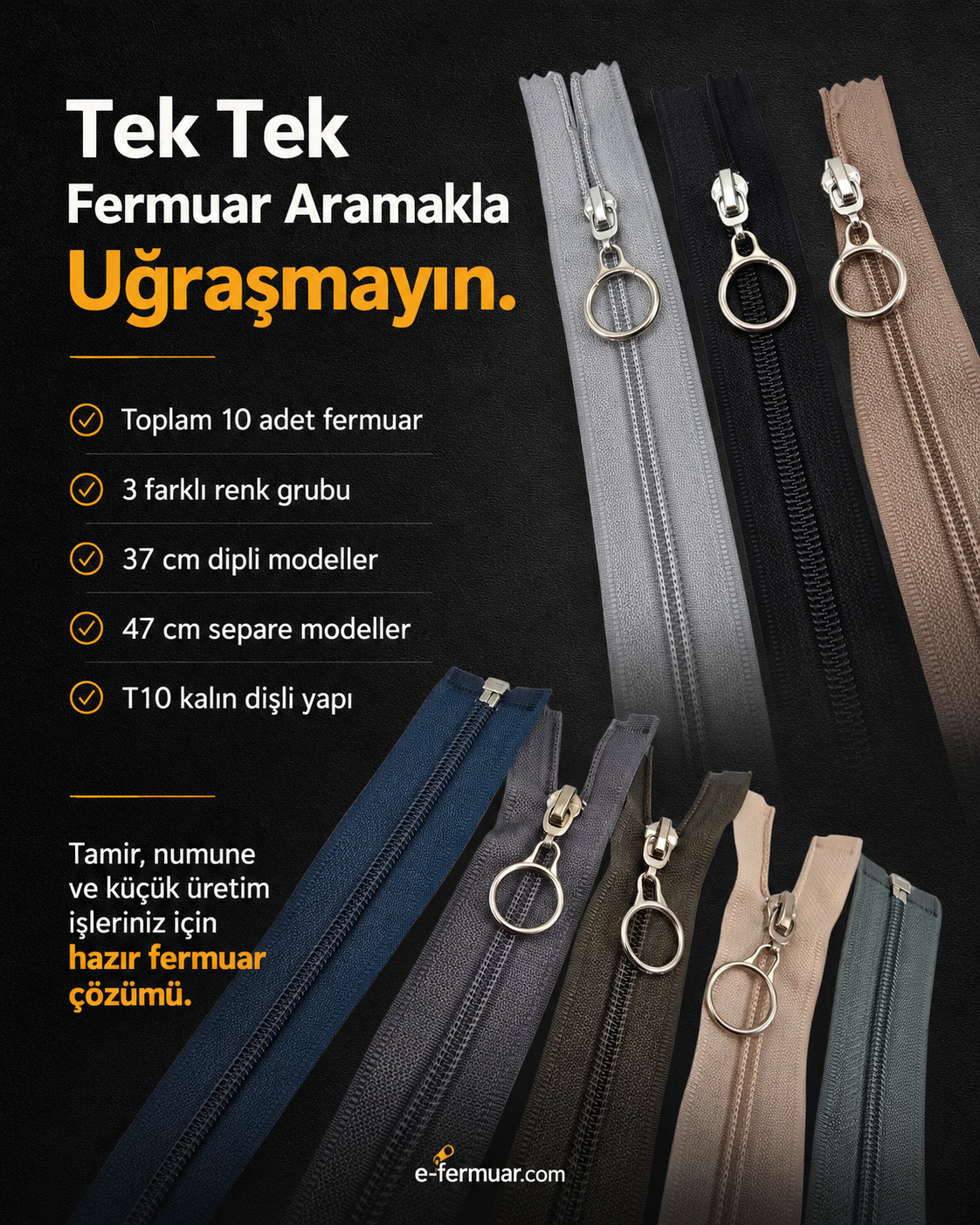 Profesyonel kullanım için 37 ve 47 cm boyutlarında T10 kalın dişli fermuar seti.
