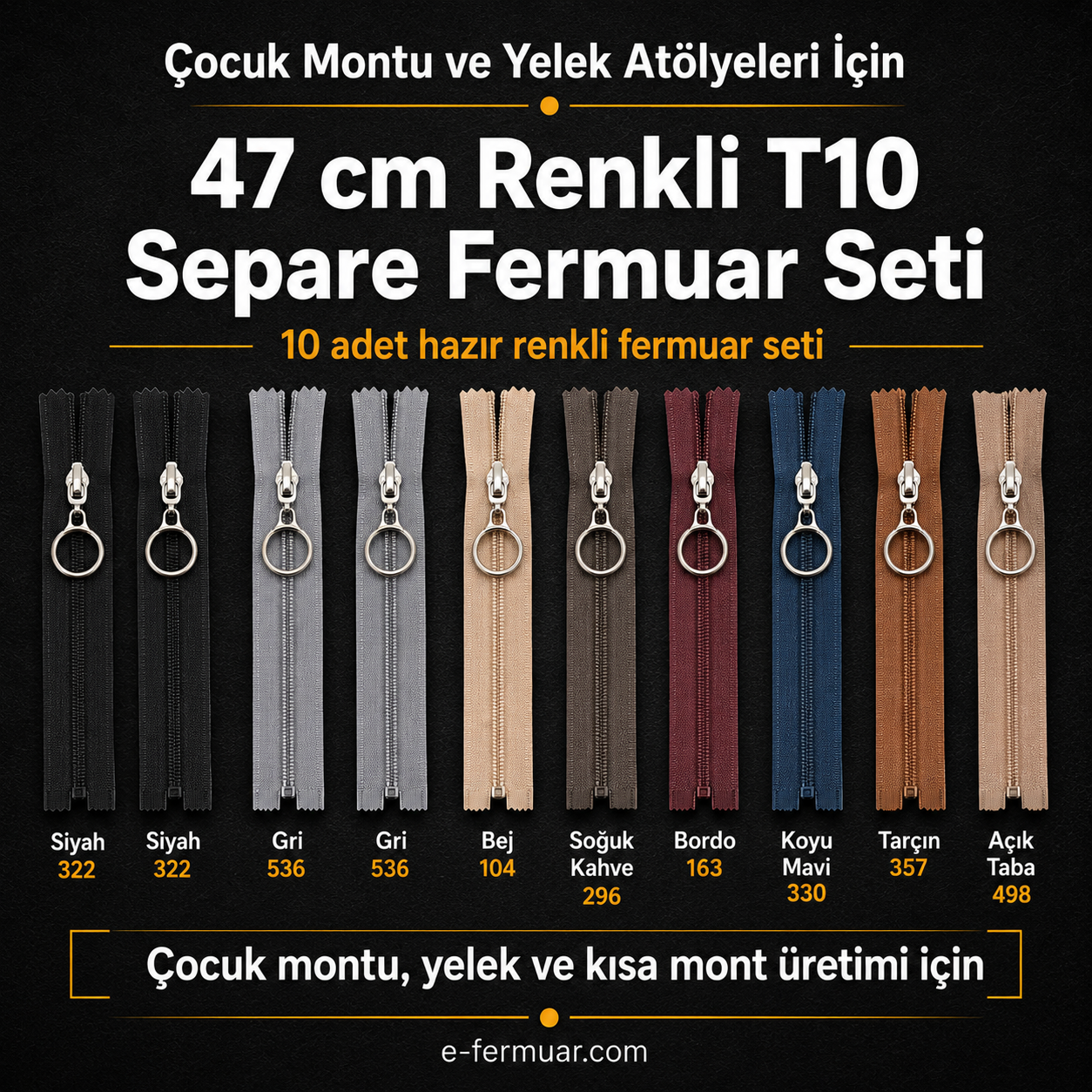 Çocuk Montu ve Yelek Atölyeleri İçin 47 cm Renkli T10 Separe Fermuar Seti – 10 Adet - ST-0007T10