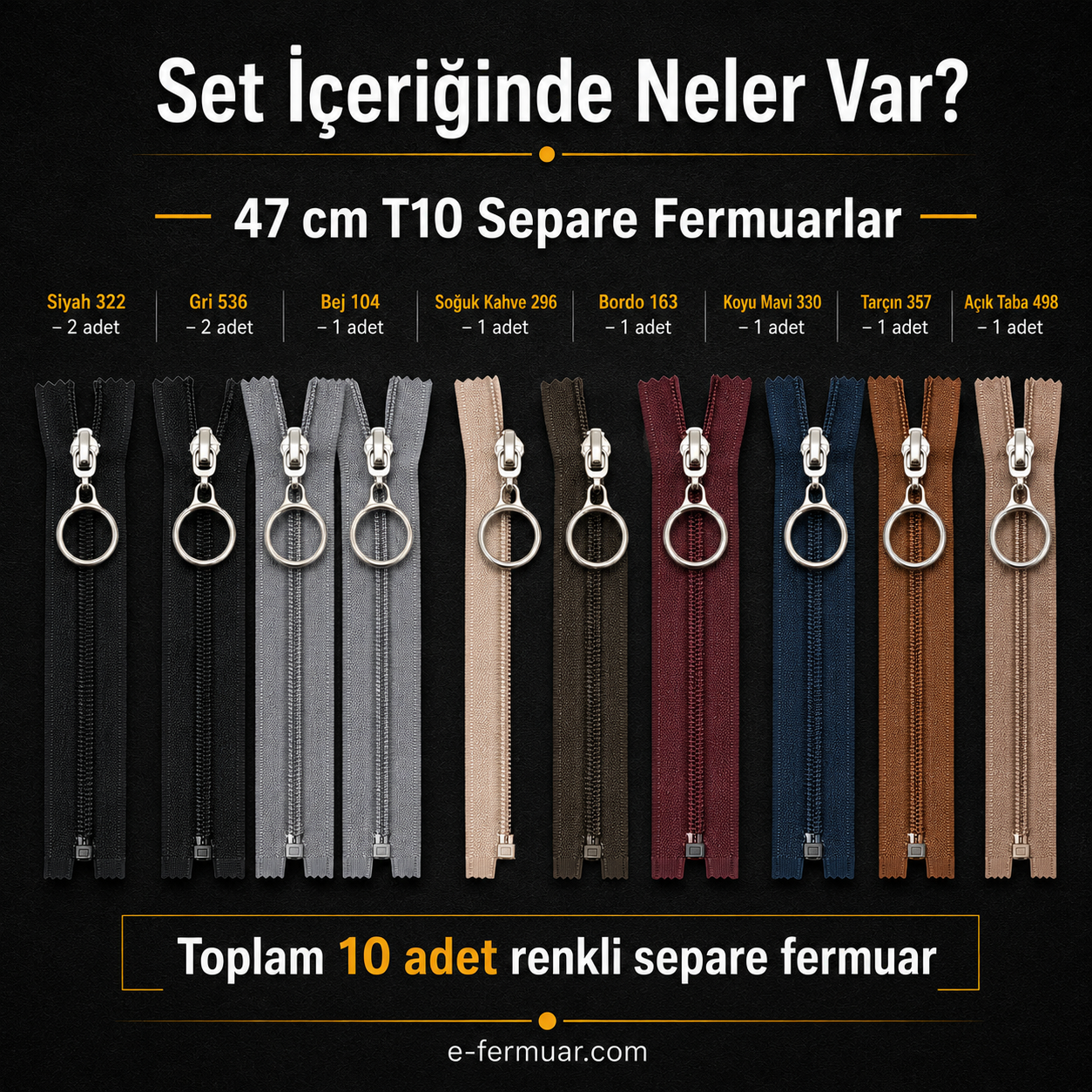Çocuk Montu ve Yelek Atölyeleri İçin 47 cm Renkli T10 Separe Fermuar Seti – 10 Adet - ST-0007T10