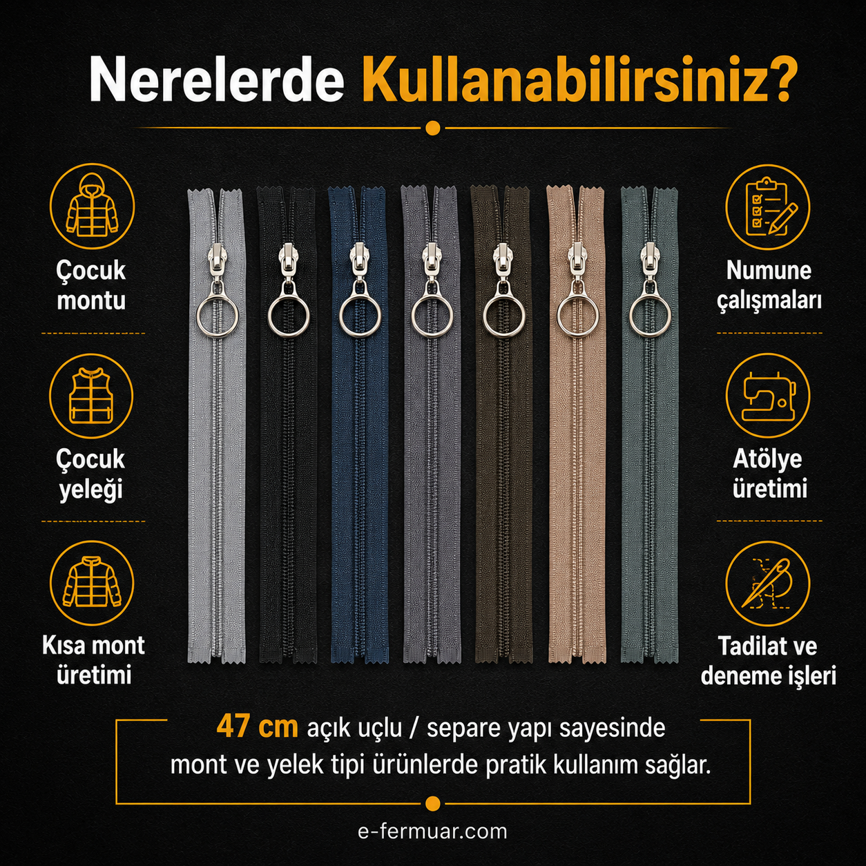 Çocuk Montu ve Yelek Atölyeleri İçin 47 cm Renkli T10 Separe Fermuar Seti – 10 Adet - ST-0007T10