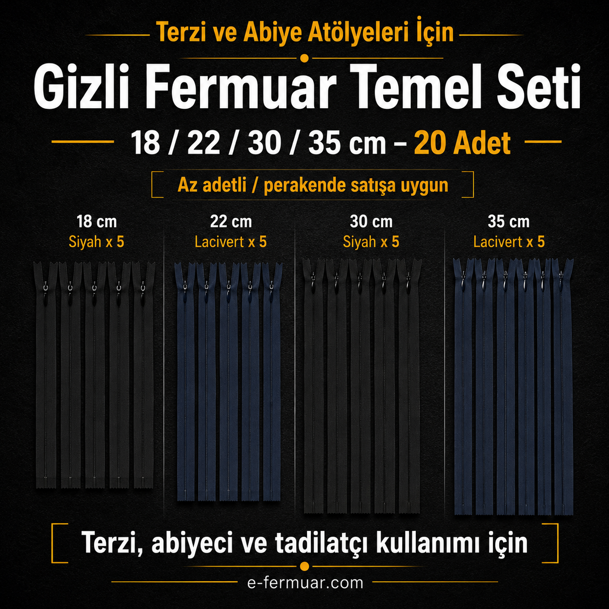 Terzi ve abiye atölyeleri için 20 adet çeşitli boyutlarda gizli fermuar seti.