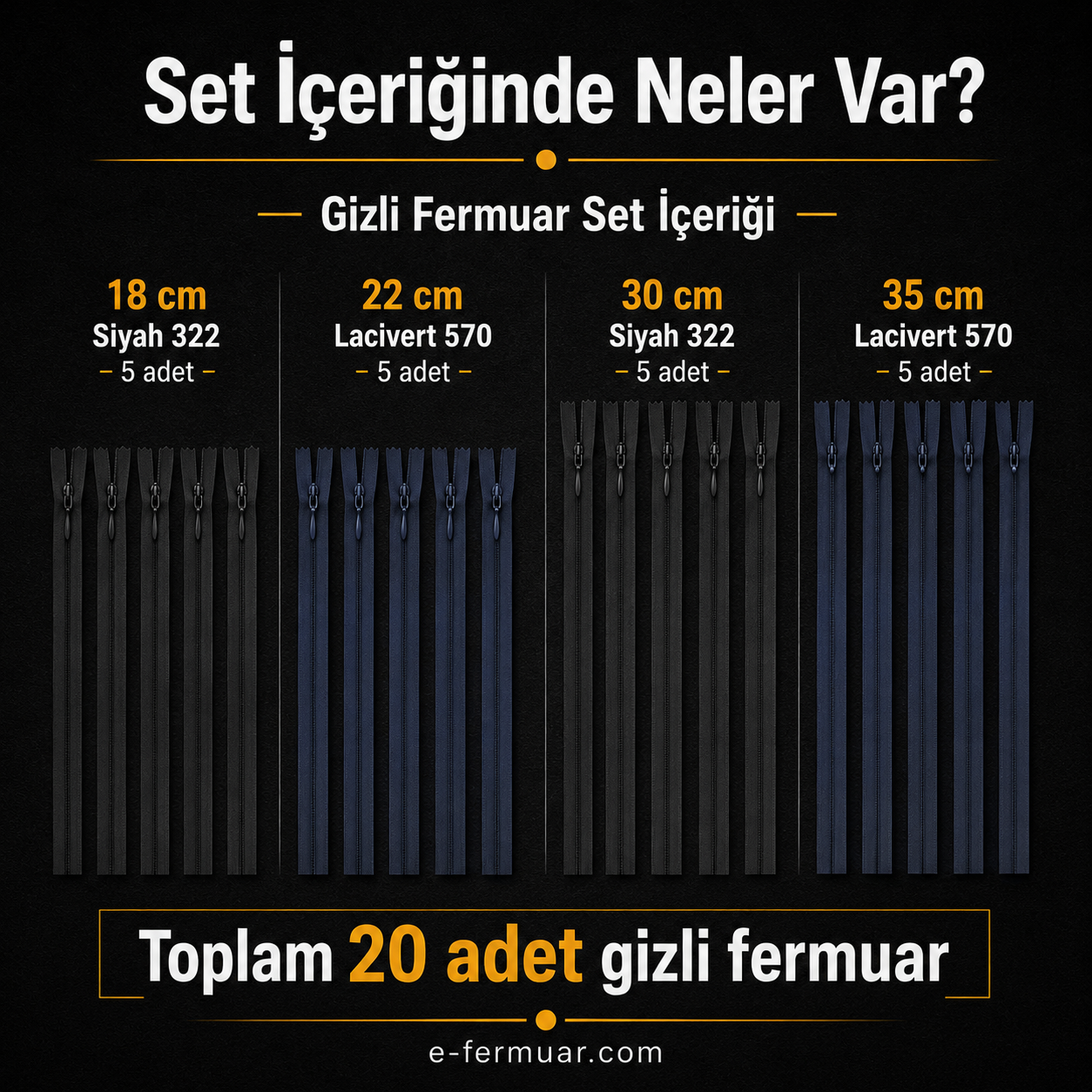 Terzi ve abiye atölyeleri için 20 adet çeşitli boyutlarda gizli fermuar seti.