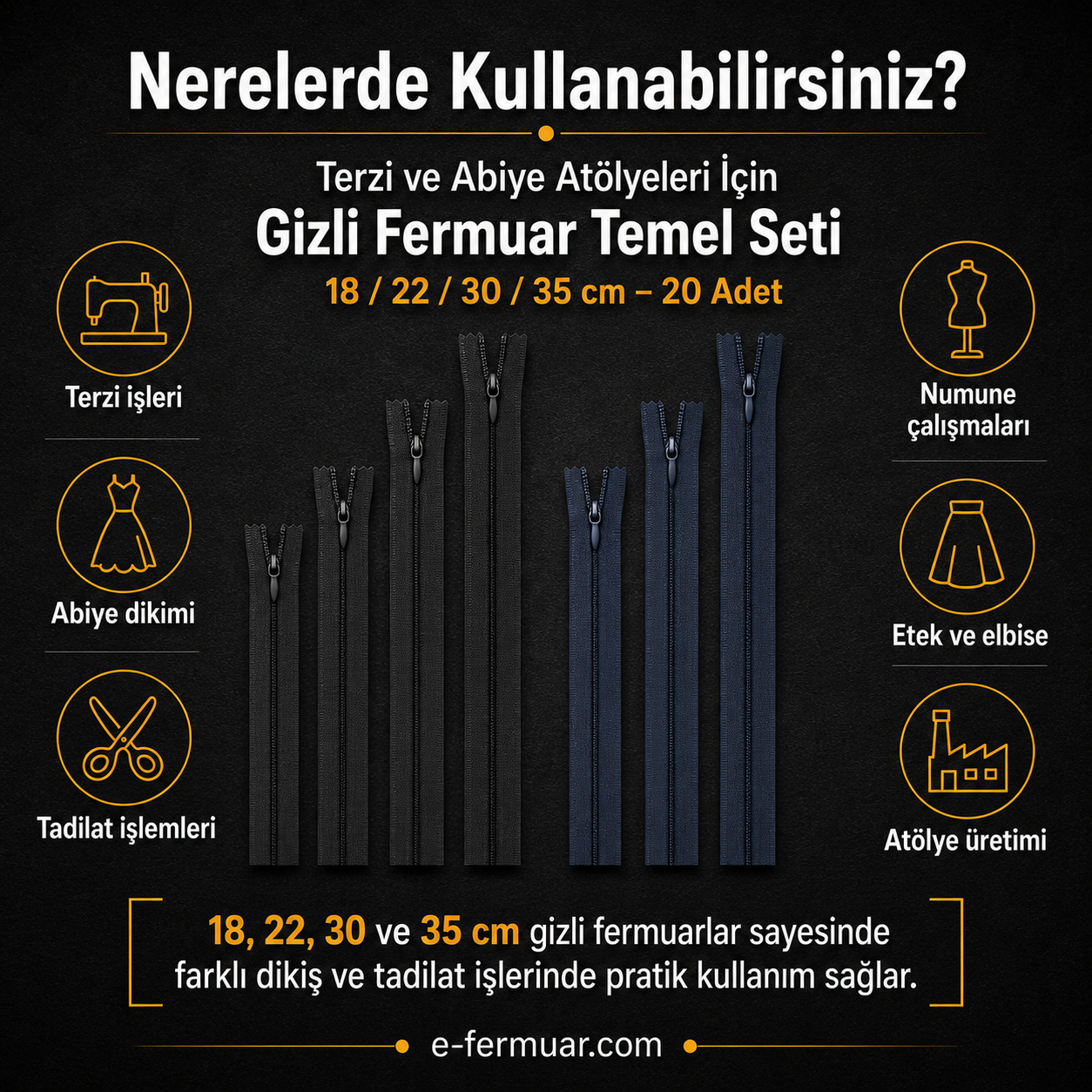Terzi ve abiye atölyeleri için 20 adet çeşitli boyutlarda gizli fermuar seti.