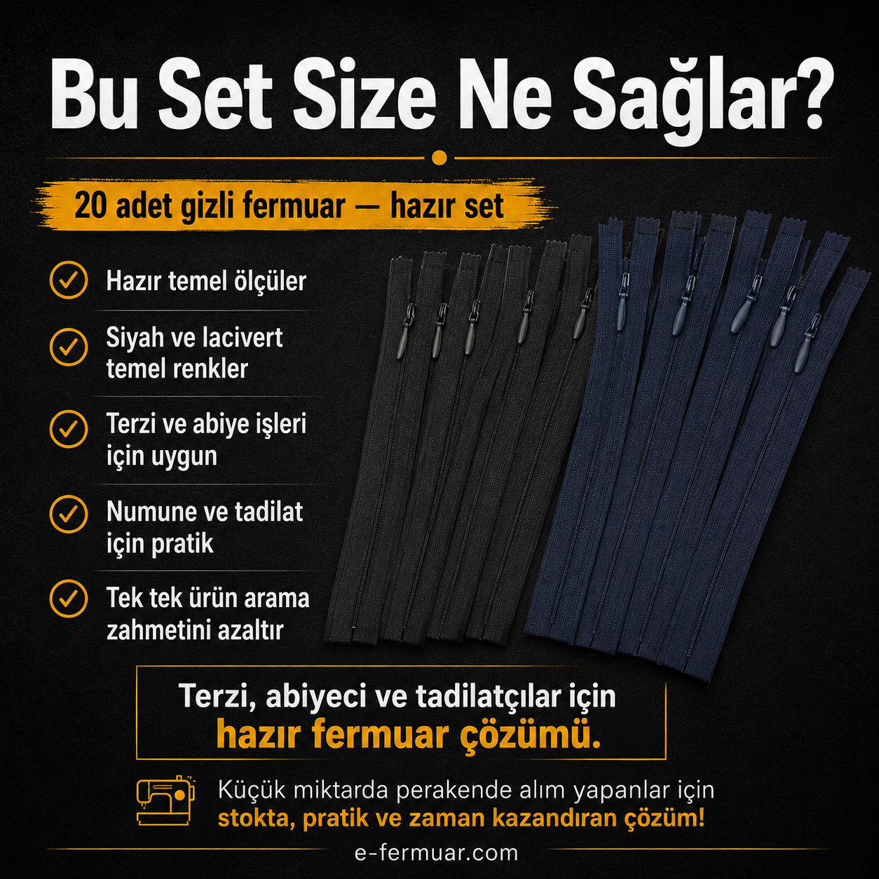 Terzi ve abiye atölyeleri için 20 adet çeşitli boyutlarda gizli fermuar seti.