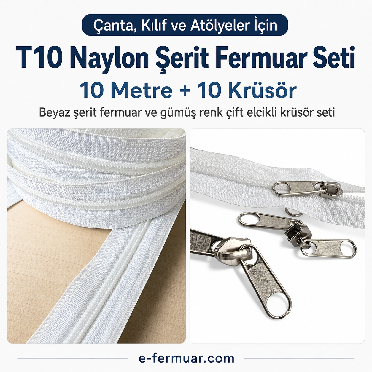 10 metre uzunluğunda T10 naylon şerit fermuar ve 10 krüsör içeren set.