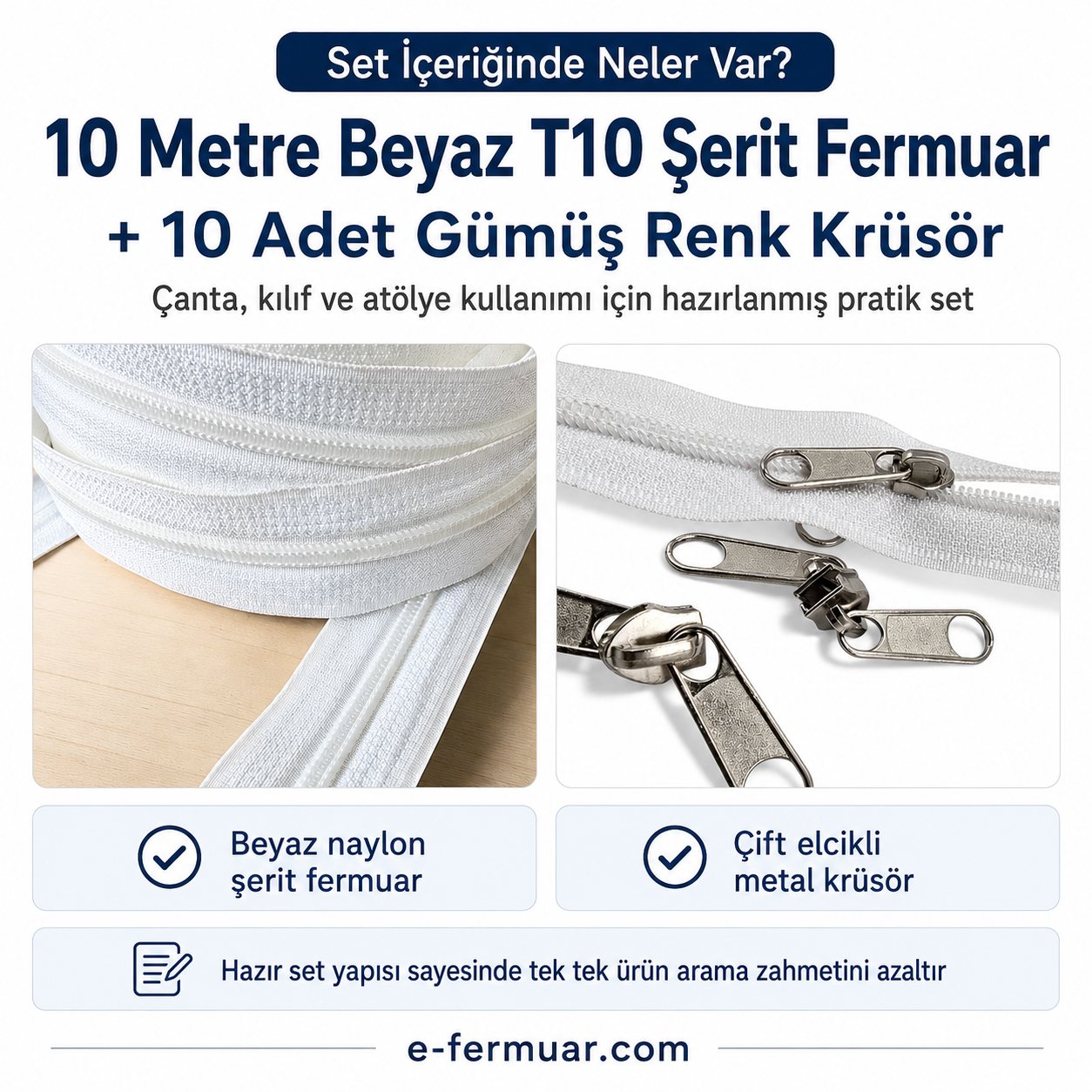 10 metre uzunluğunda T10 naylon şerit fermuar ve 10 krüsör içeren set.