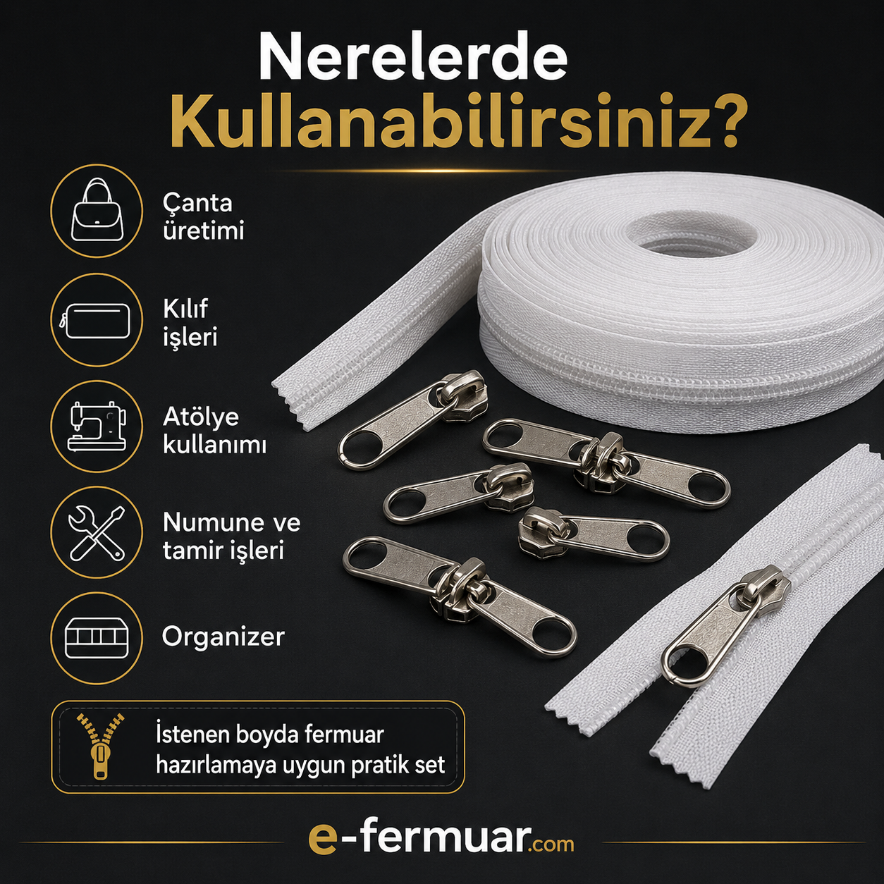 10 metre uzunluğunda kaliteli naylon şerit fermuar ve 10 adet çekecek içeren set.