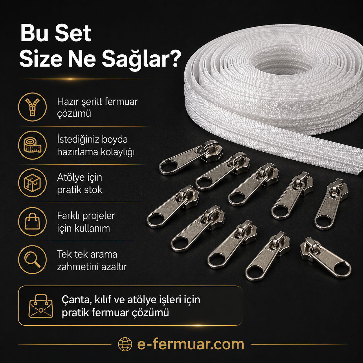 10 metre uzunluğunda kaliteli naylon şerit fermuar ve 10 adet çekecek içeren set.