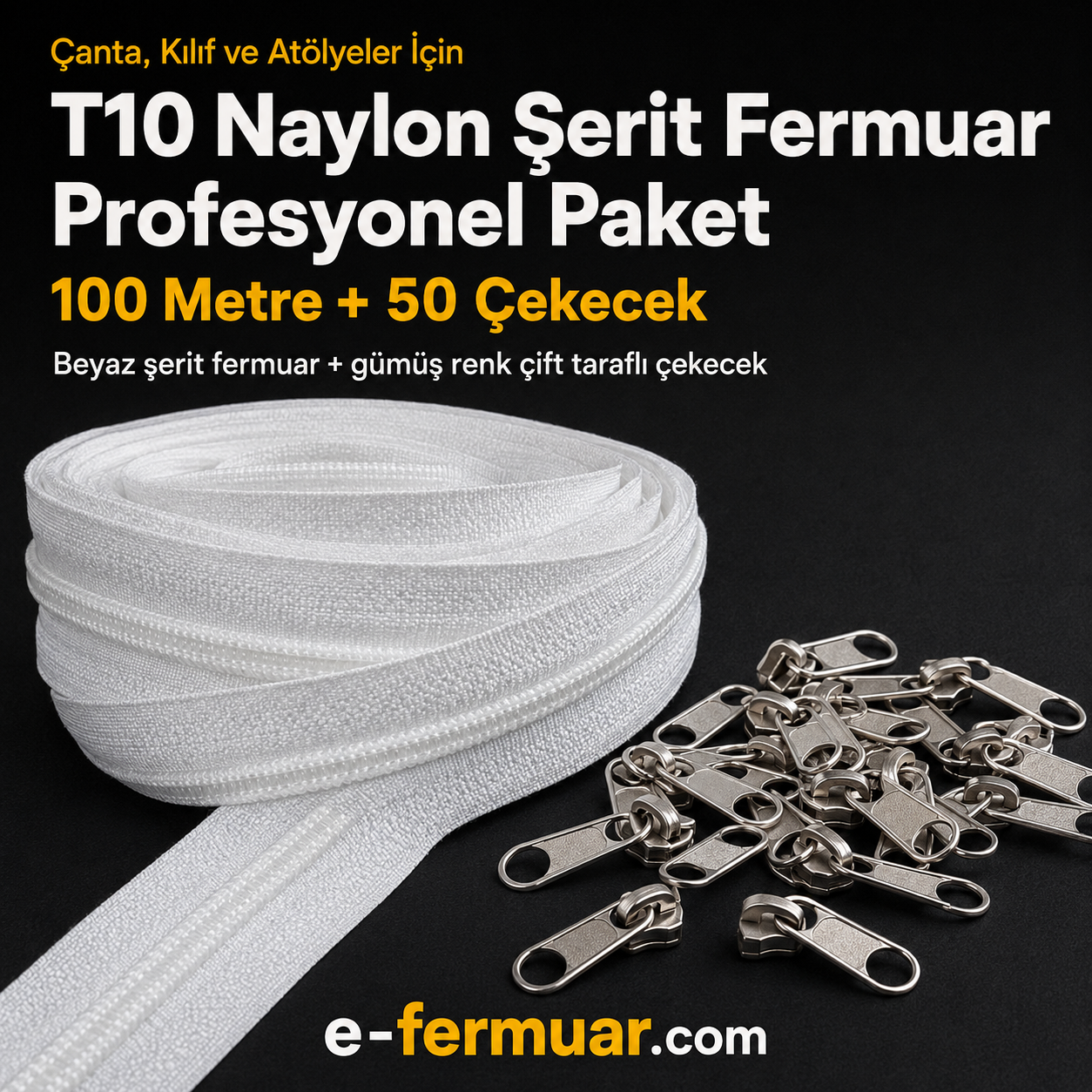 100 metre T10 naylon fermuar ve 50 dayanıklı çekecek içeren set, çeşitli projeler için ideal.